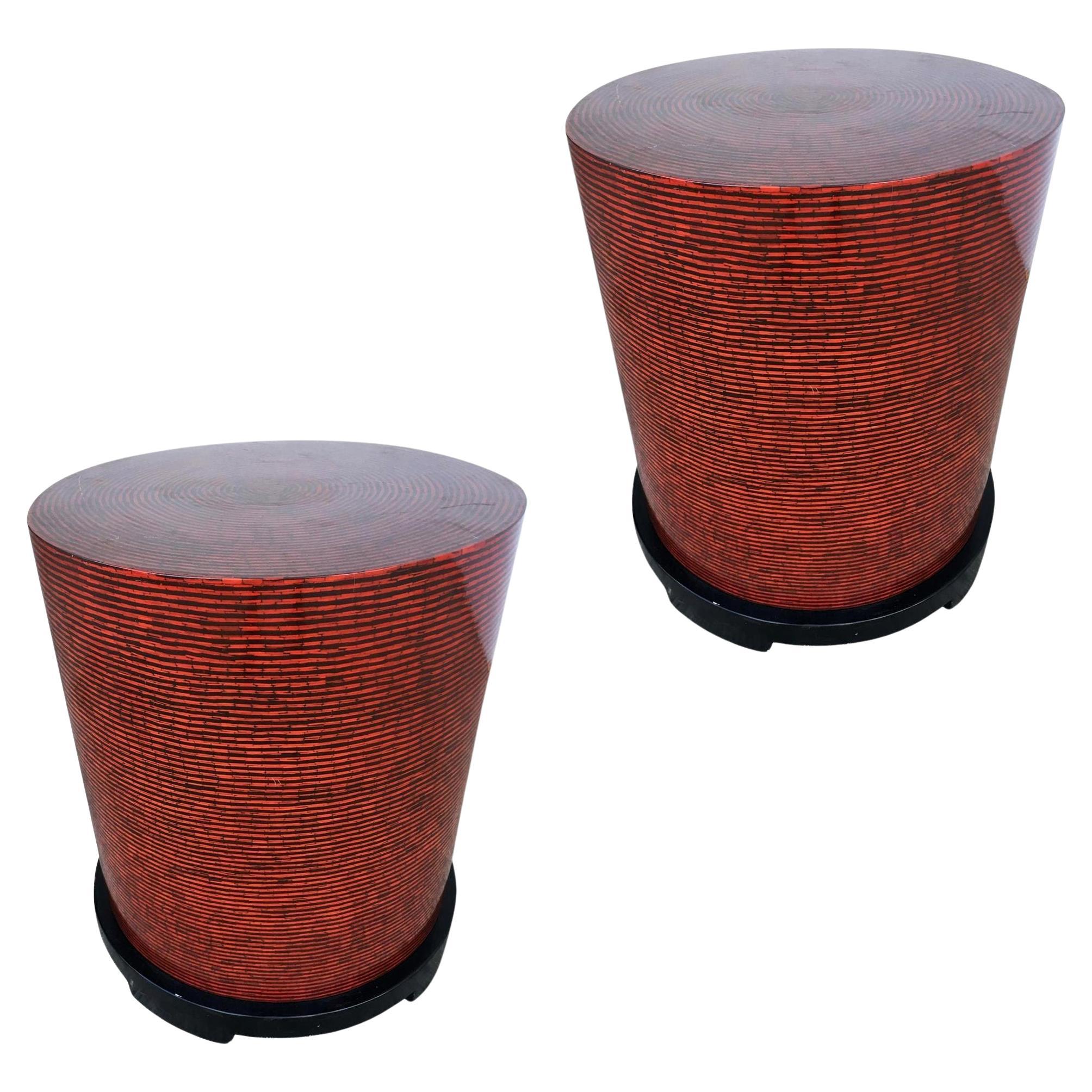 Two-Tone Cubist Style Round Side Table, Pair For Sale