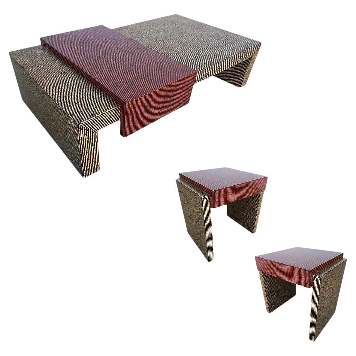 Two-Tone Cubist Style Side Table and Coffee Table Set, Set of 3