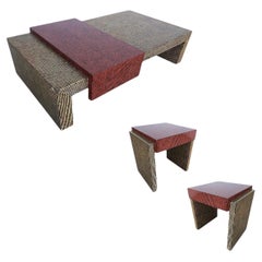 Retro Two-Tone Cubist Style Side Table and Coffee Table Set, Set of 3