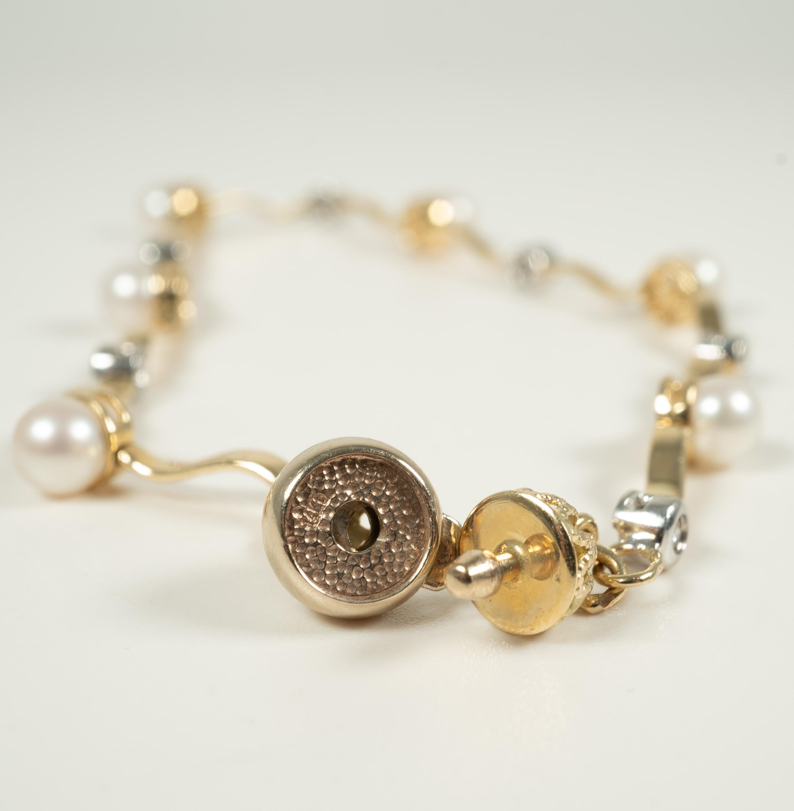 Women's or Men's Two Tone Cultured Pearl Diamond Bracelet For Sale