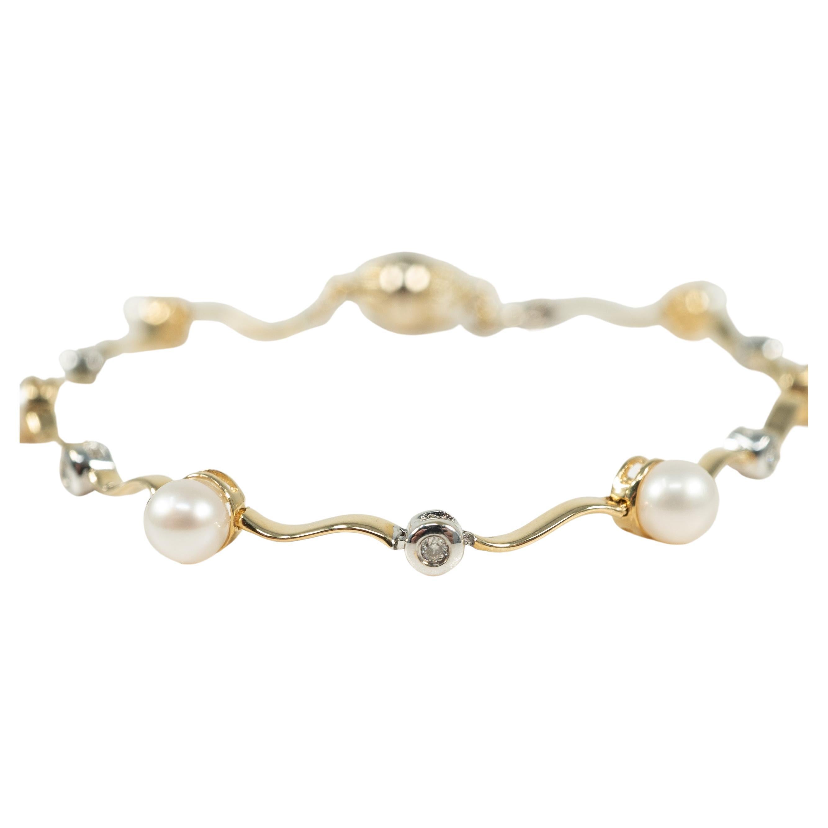 Two Tone Cultured Pearl Diamond Bracelet For Sale