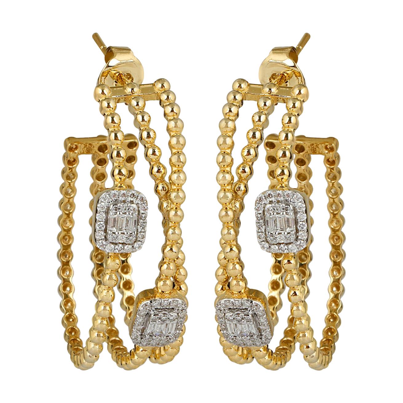 Two Tone Diamond 18 Karat Gold Hoop Earrings For Sale