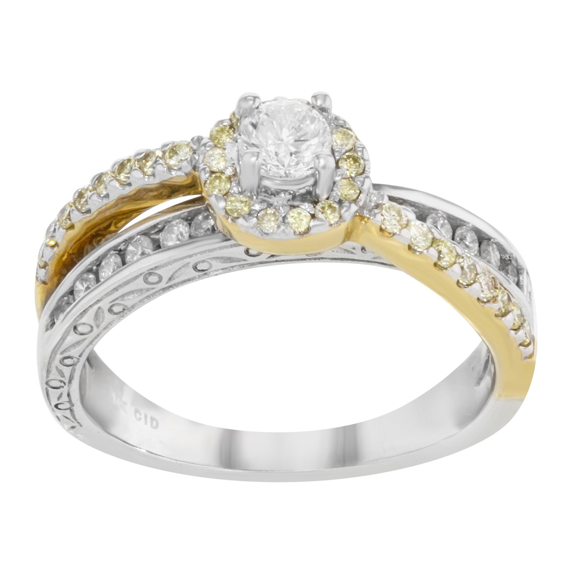 Two Tone Diamond Accented Womens Engagement Ring 14K White Yellow Gold 0.60 Cttw For Sale