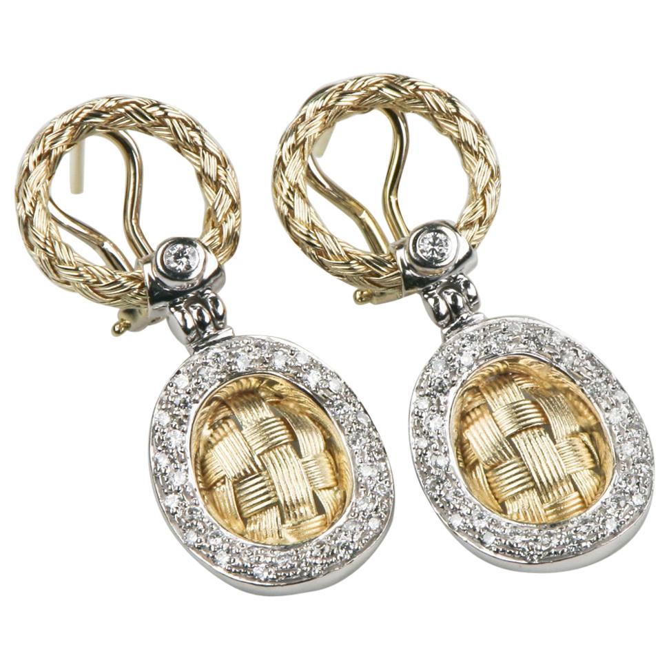 Two-Tone Diamond Basket Weave Drop Earrings in 14 Karat Gold