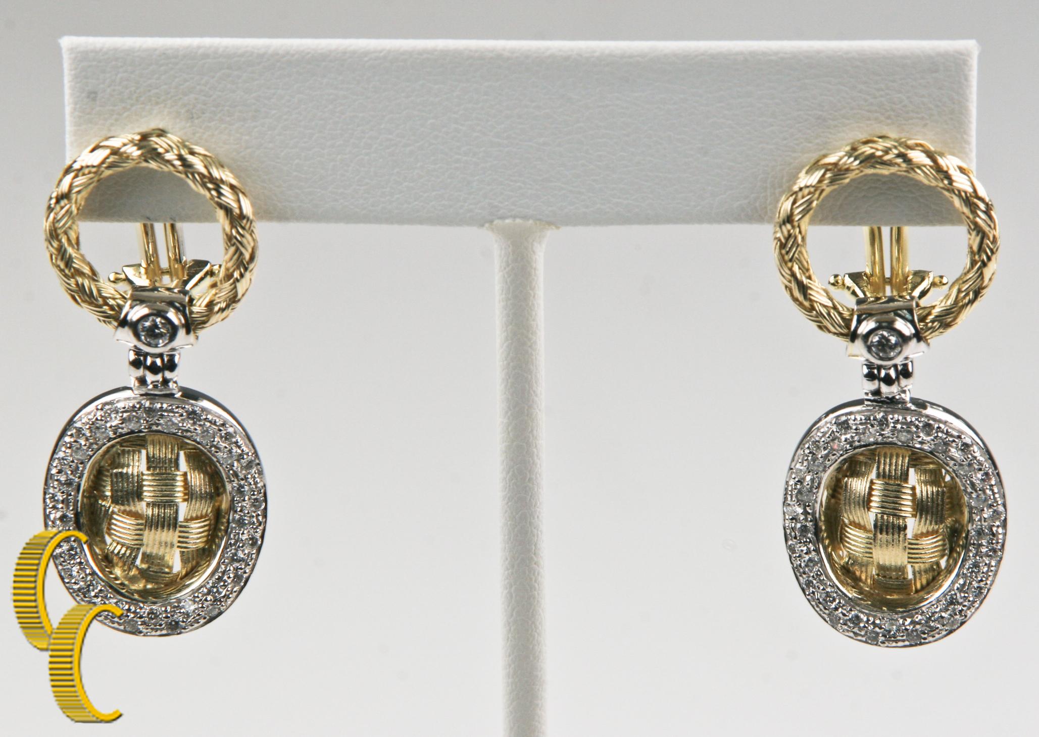 Two-Tone Diamond Basket Weave Drop Earrings in 14 Karat Gold In Good Condition In Sherman Oaks, CA