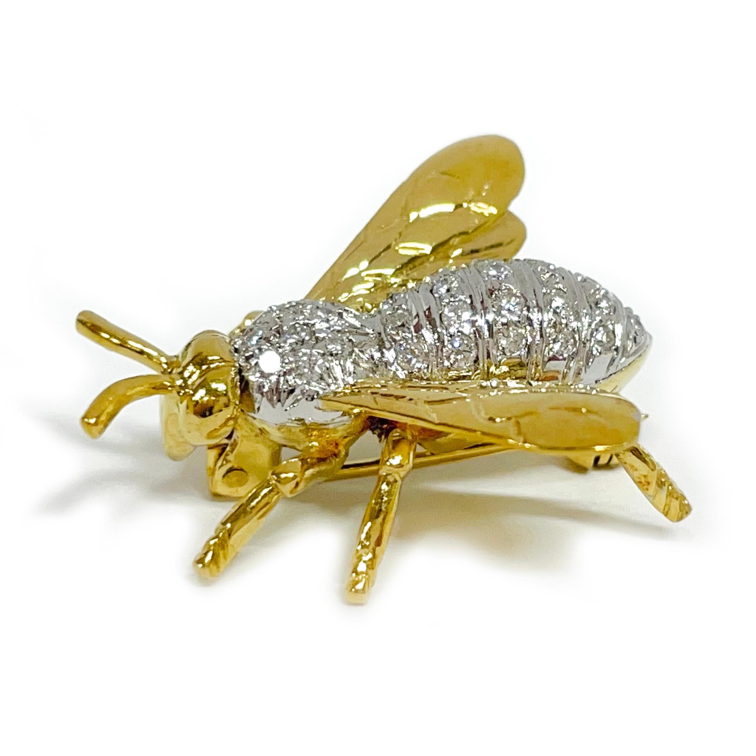 18 Karat Two-Tone Diamond Bee Brooch Pin. Very pretty white and yellow gold with pave-set round diamonds on the body. There are thirty-five 1.6mm round diamonds with a carat total weight 0.50ctw. The diamonds are SI1-SI2 in clarity (G.I.A.) and H-I