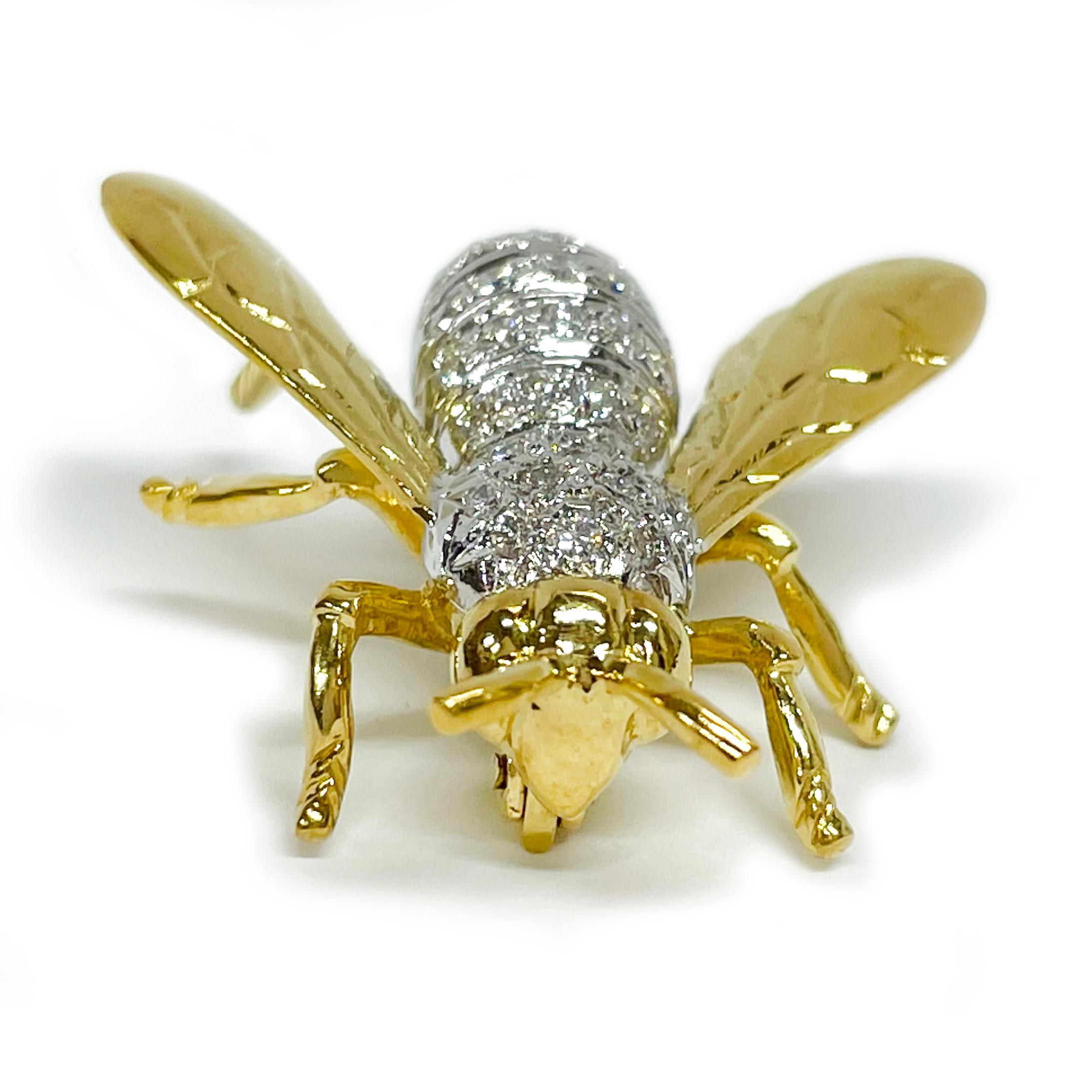 Retro Two-Tone Diamond Bee Brooch Pin For Sale