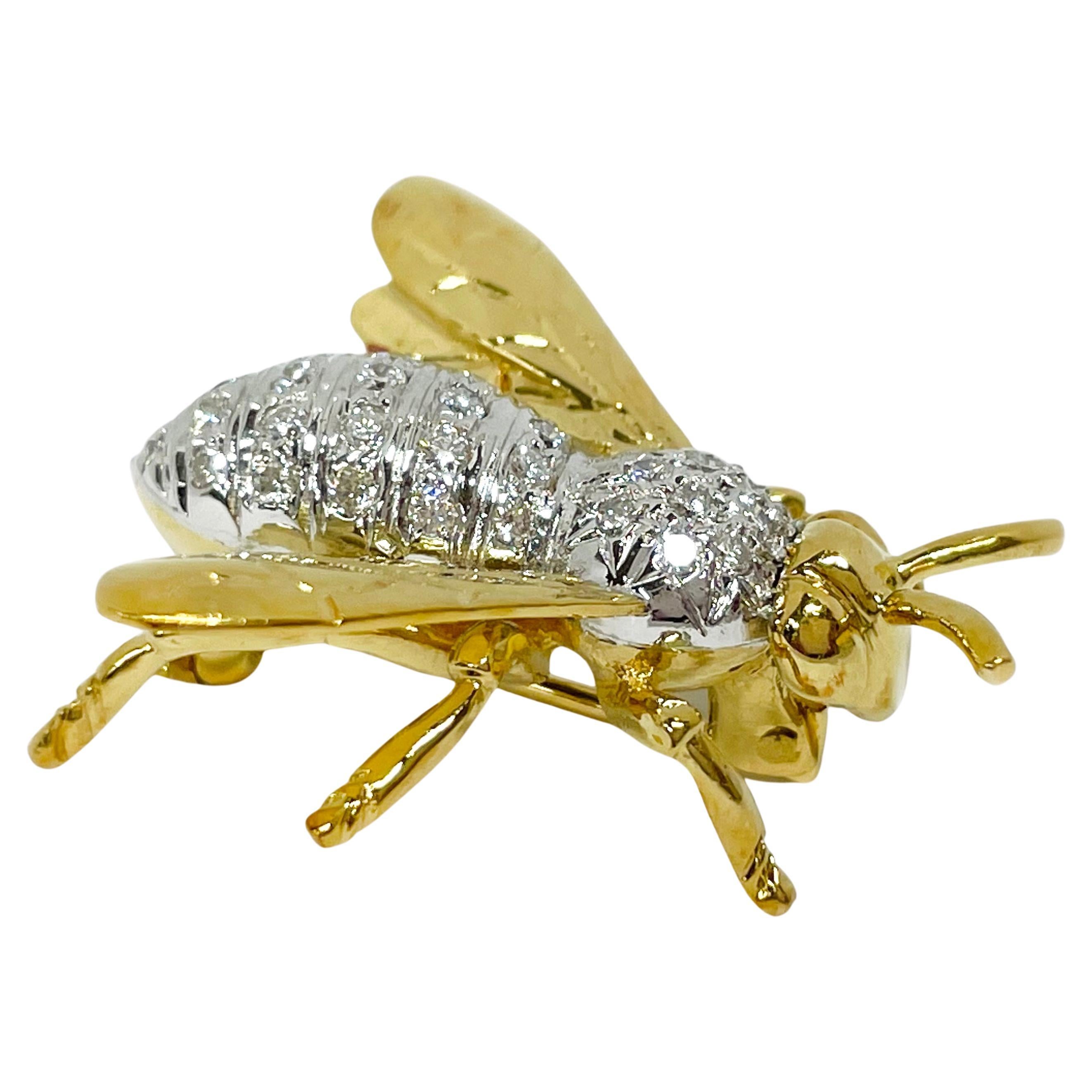 Two-Tone Diamond Bee Brooch Pin For Sale