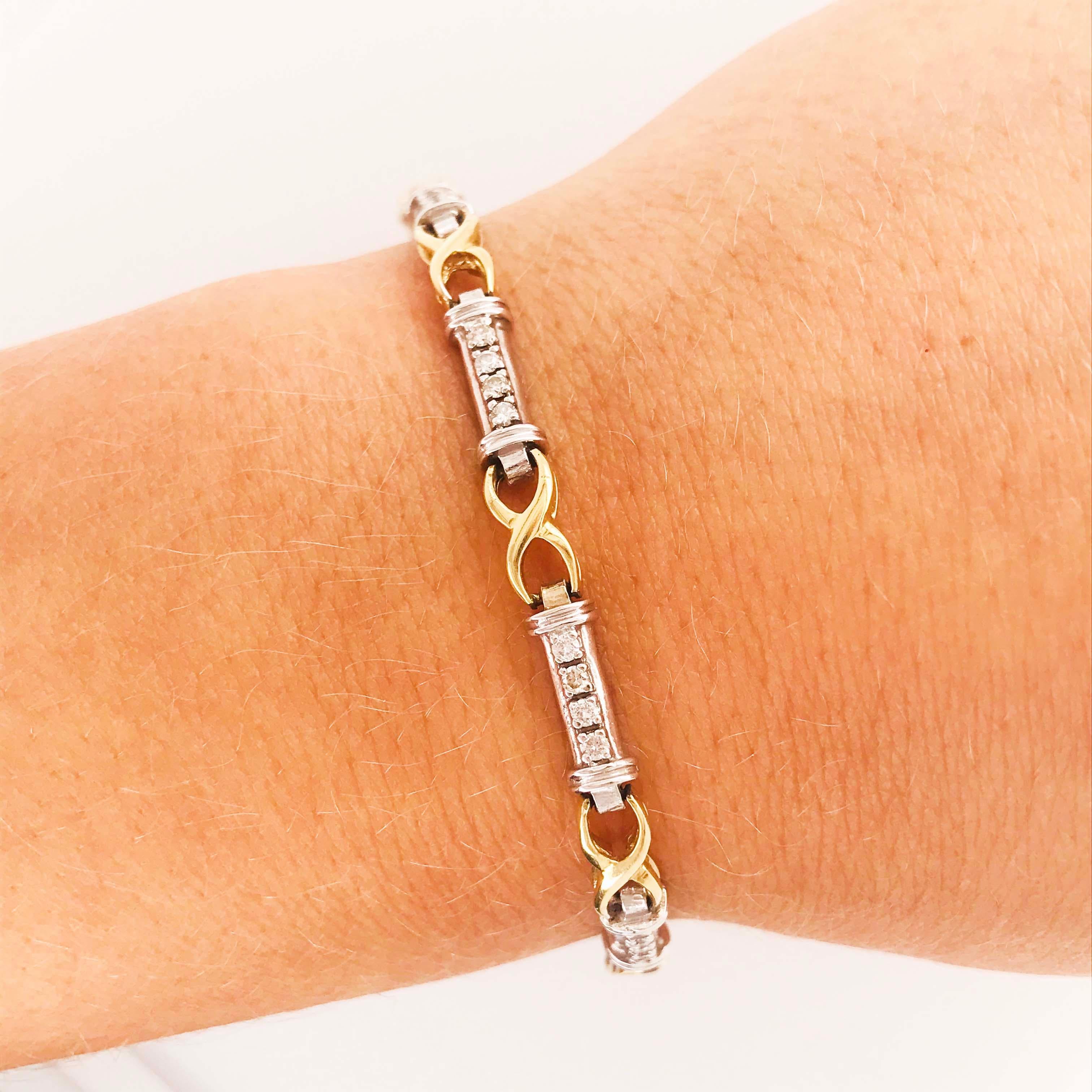 This two-tone diamond bracelet is the perfect addition to any stacking bracelets.  The 14 karat white gold and yellow gold is beautifully paired with your yellow gold bracelets or your platinum, white gold or sterling bracelets.  The bracelet was