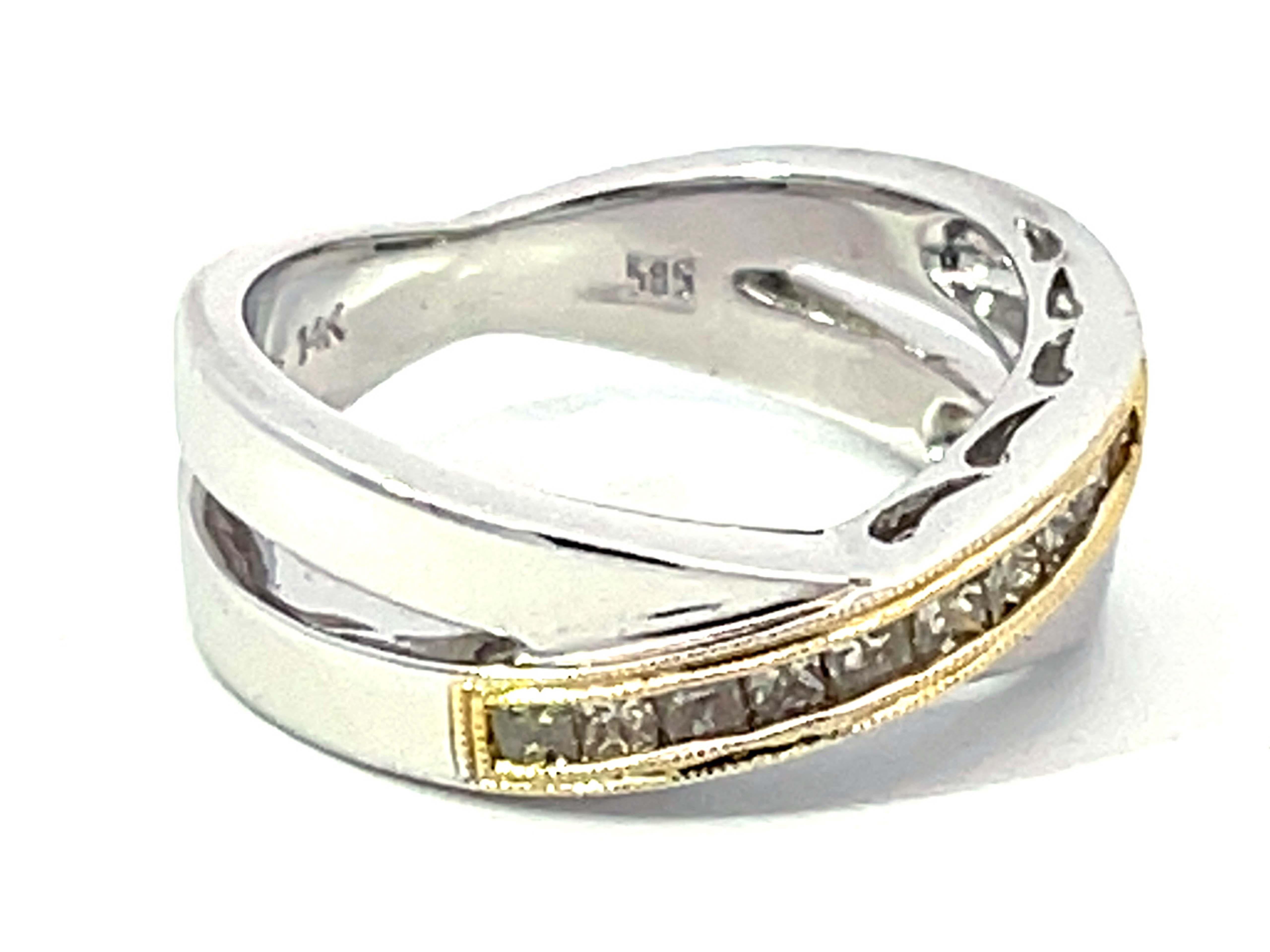 Modern Two Tone Diamond Cross Band Ring in 14k White Gold For Sale