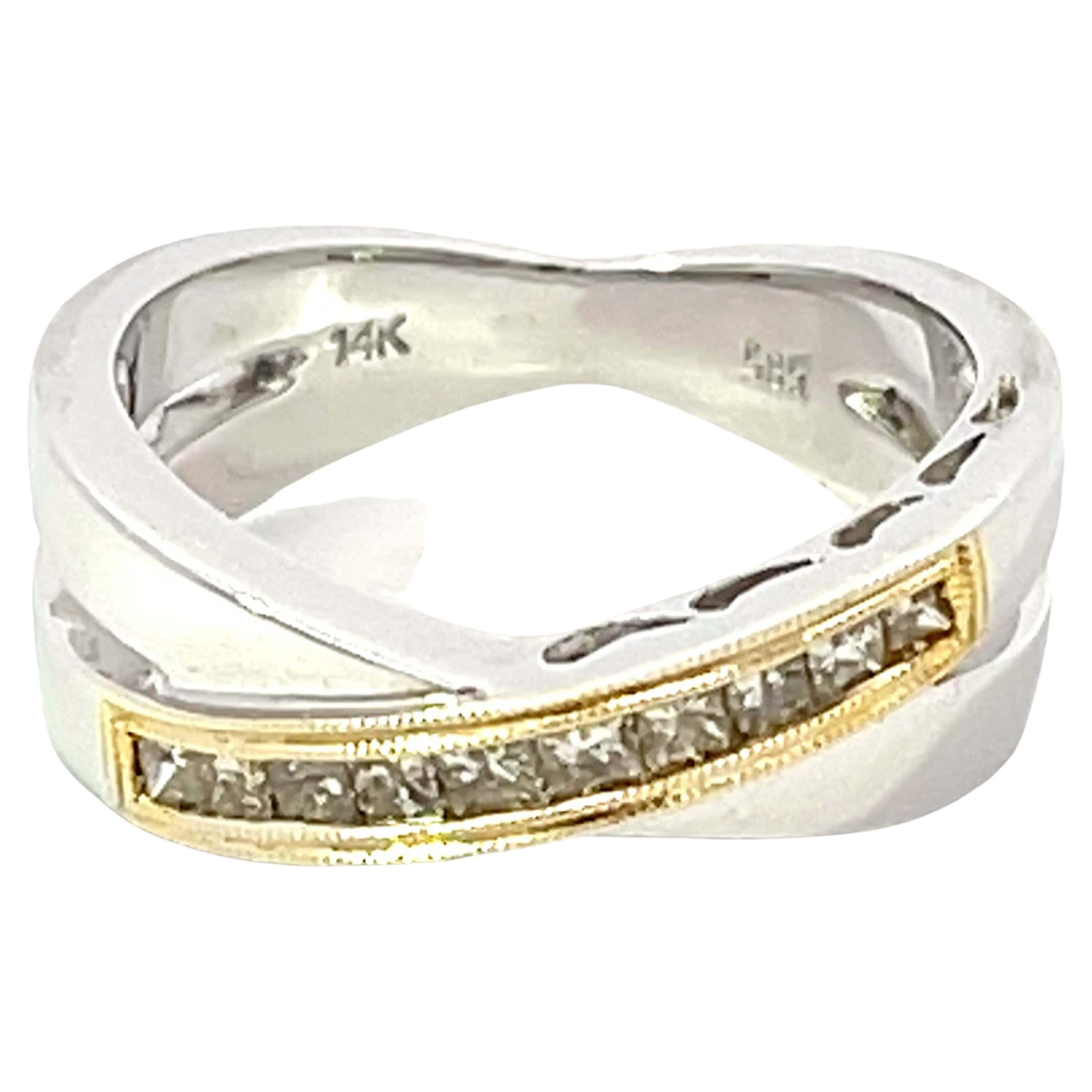 Two Tone Diamond Cross Band Ring in 14k White Gold