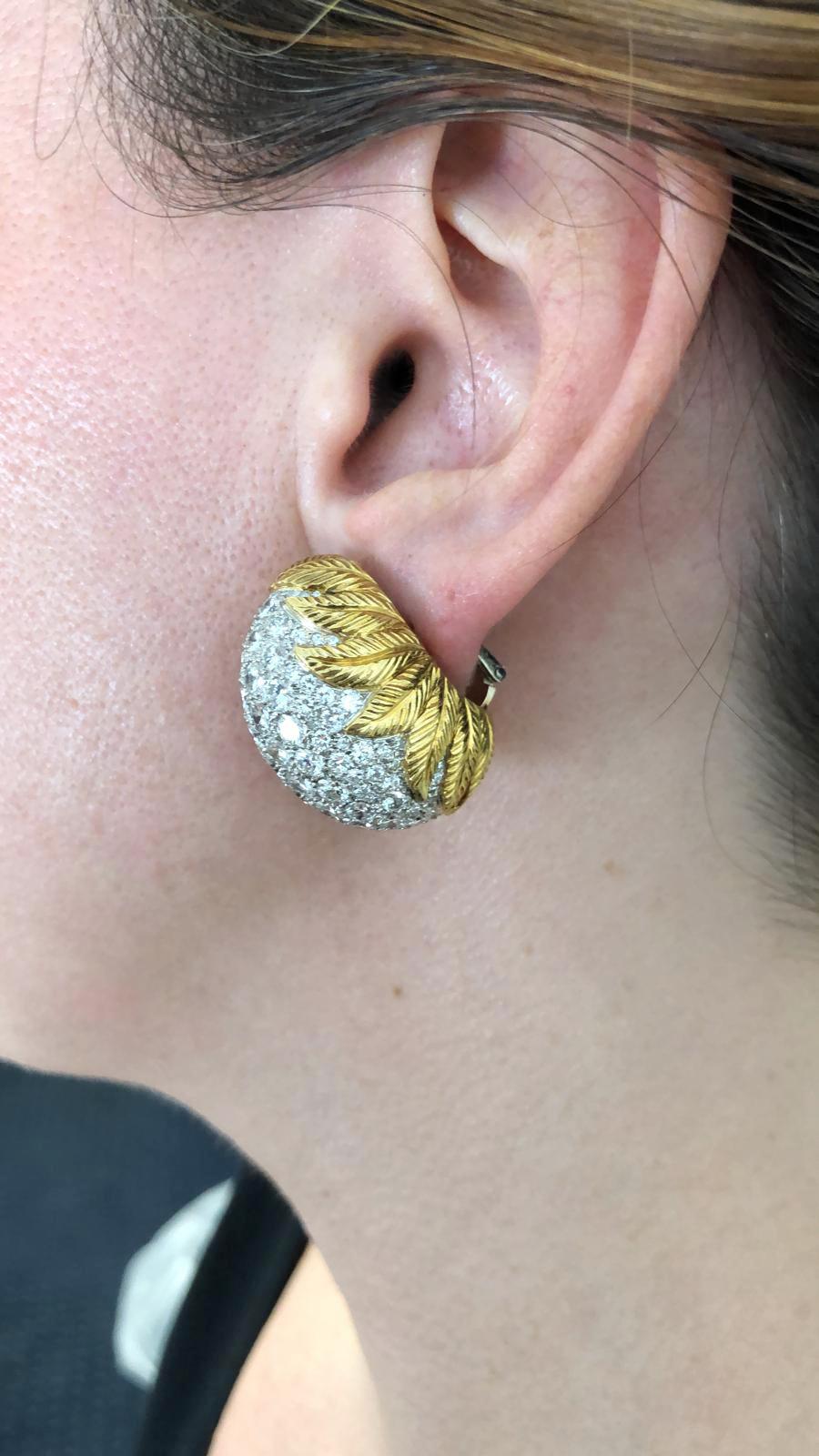Diamond Yellow Gold Platinum Pod Bombe Earrings In Good Condition For Sale In New York, NY