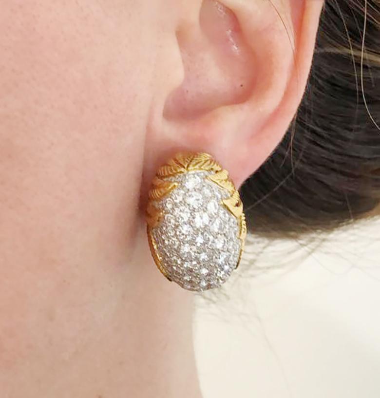 Round Cut Diamond Yellow Gold Platinum Pod Bombe Earrings For Sale