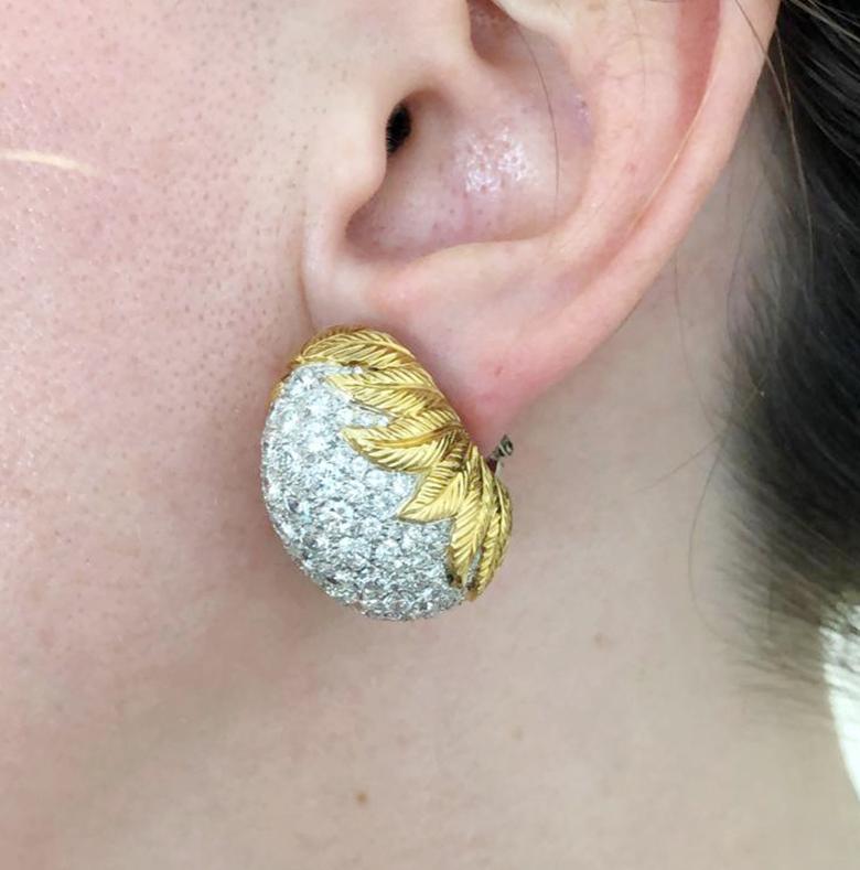 Women's Diamond Yellow Gold Platinum Pod Bombe Earrings For Sale