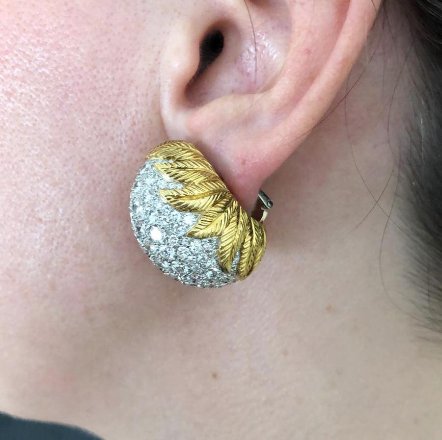Diamond Yellow Gold Platinum Pod Bombe Earrings For Sale 1