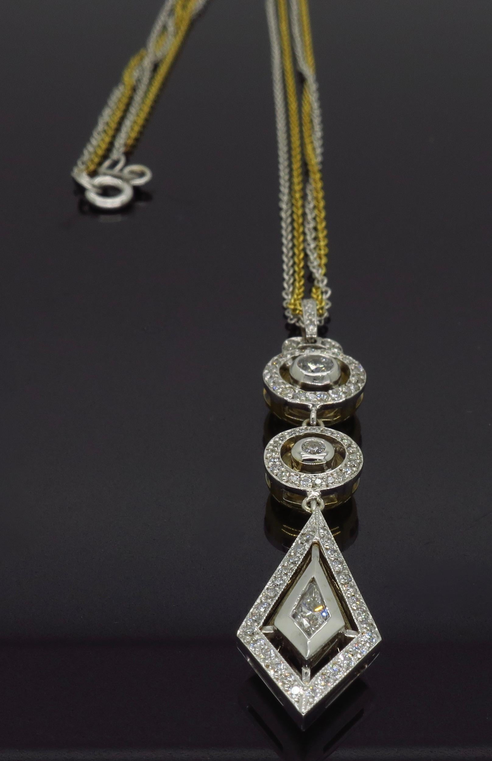 Two-Tone Diamond Drop Necklace with Mix Cut Diamonds In New Condition In Webster, NY
