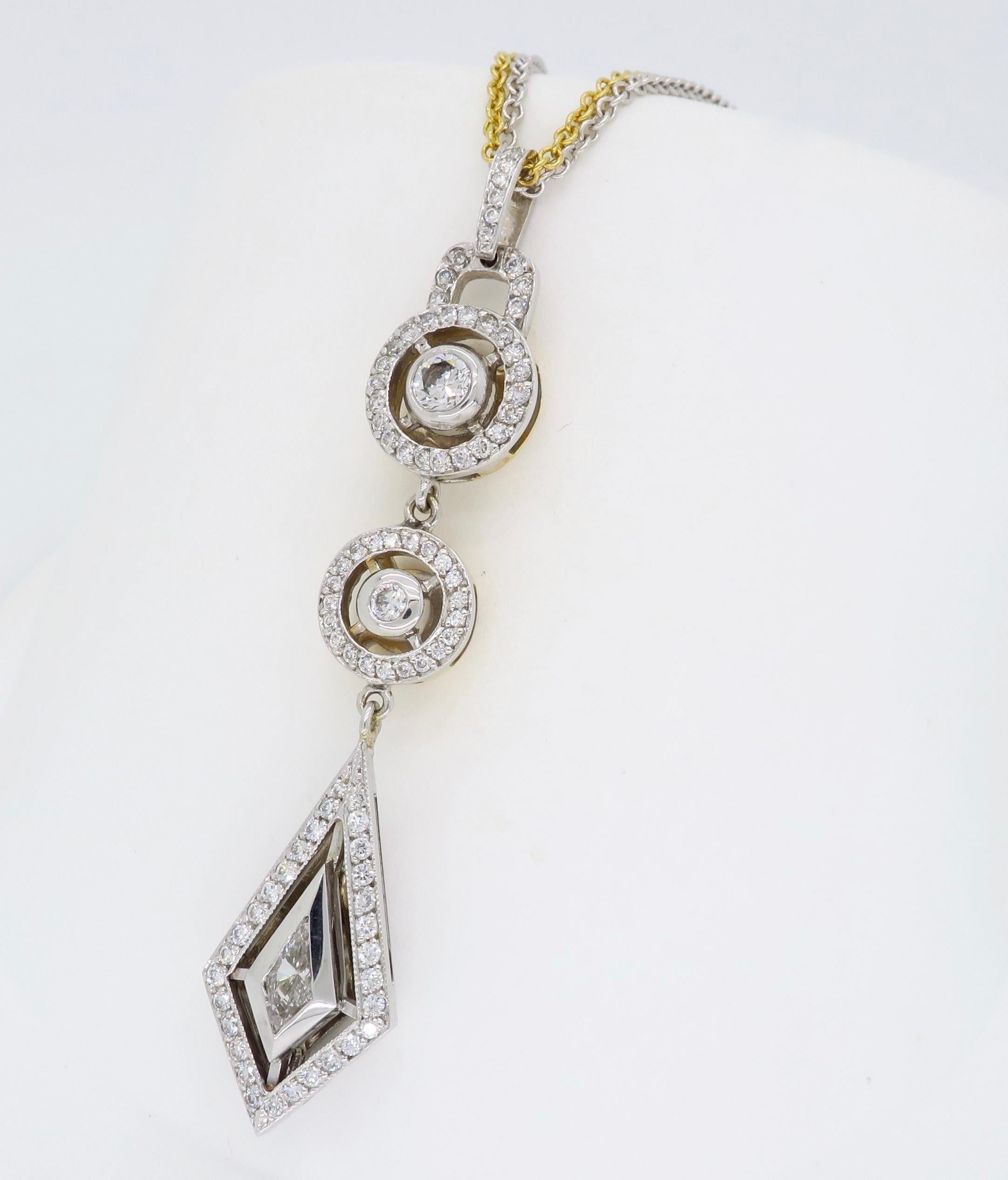 Women's or Men's Two-Tone Diamond Drop Necklace with Mix Cut Diamonds