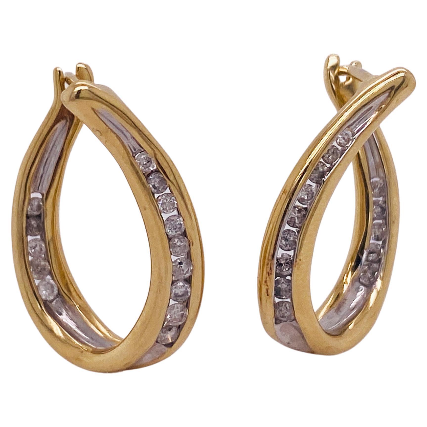 Two-Tone Diamond Inside-Out Hinged Oval Ribbon Swirl Hoops 14K Gold Lv For Sale