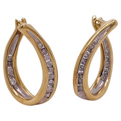Vintage Two-Tone Diamond Inside-Out Hinged Oval Ribbon Swirl Hoops 14K Gold Lv