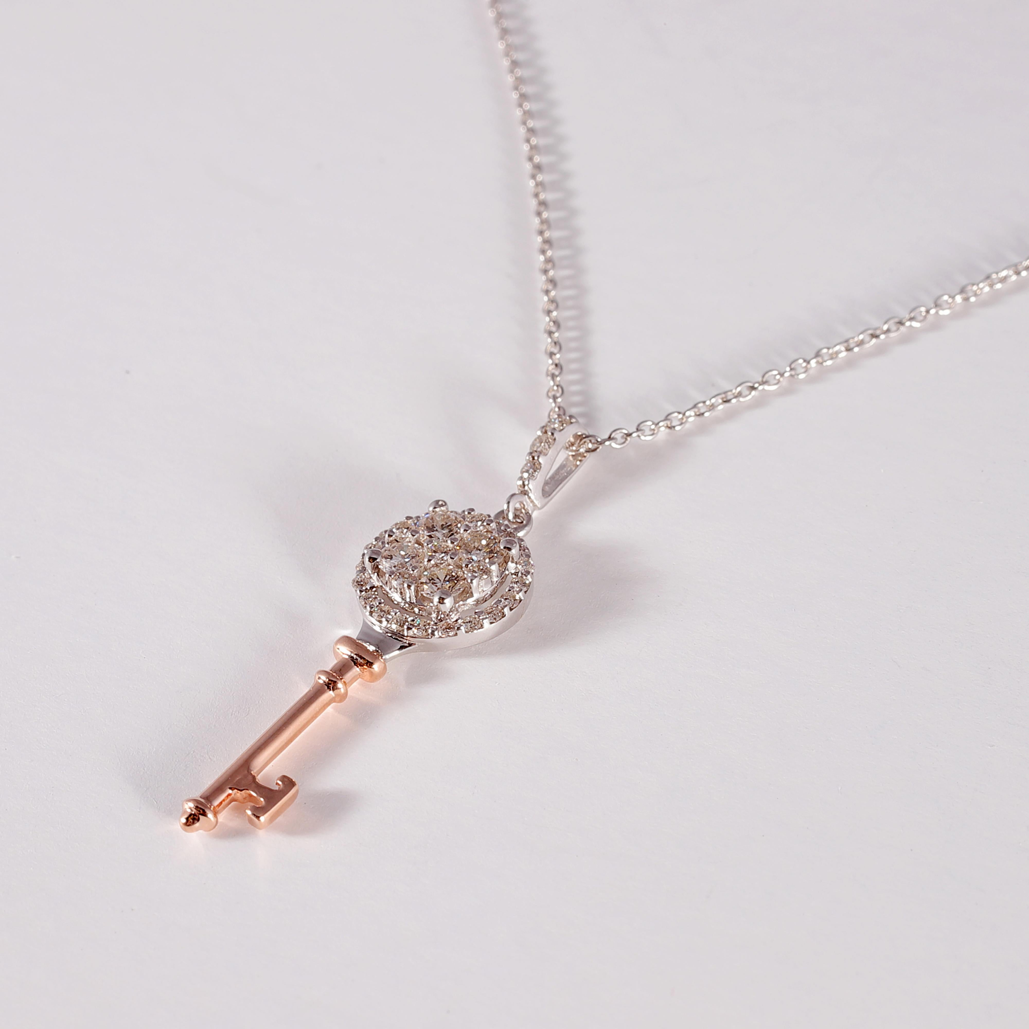 Round Cut Two-Tone Diamond Key Necklace For Sale