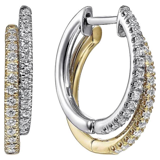 Two-Tone Diamond Pave Huggie Hoops Double Stack Mixed Metal EG13839 For Sale