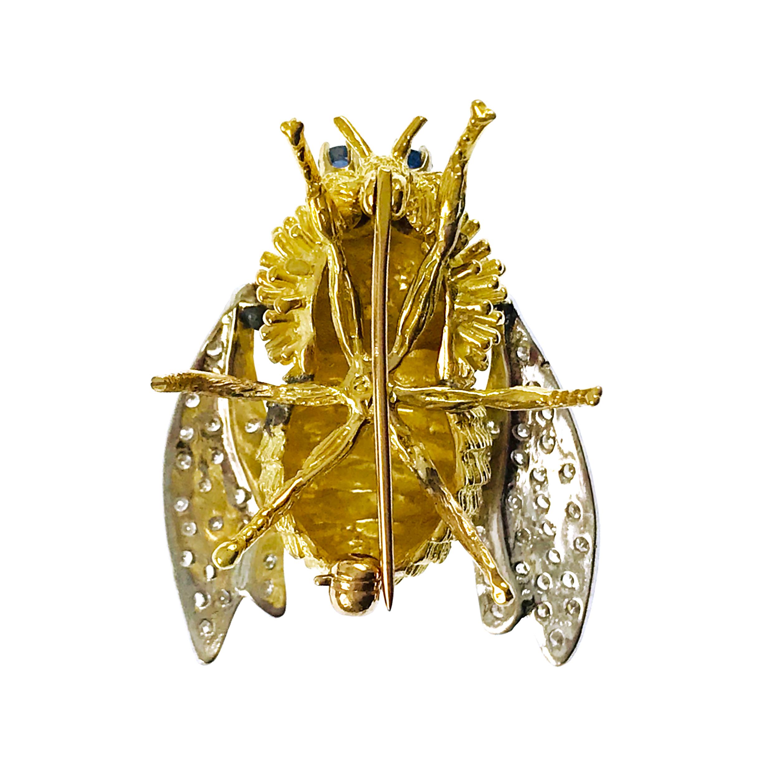 Two-Tone Diamond Sapphire Bee Fly Brooch In Good Condition In Palm Desert, CA