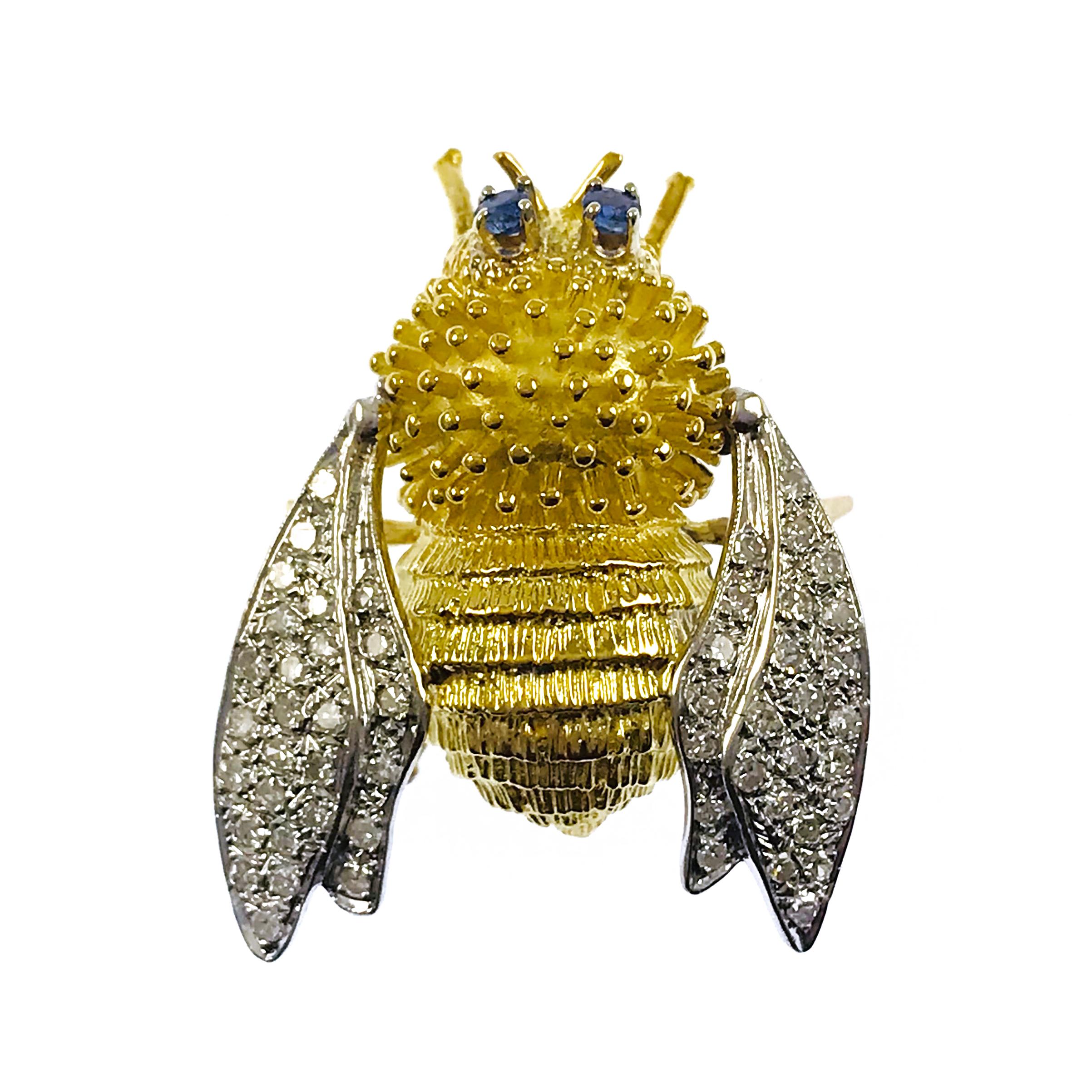 Round Cut Two-Tone Diamond Sapphire Bee Fly Brooch