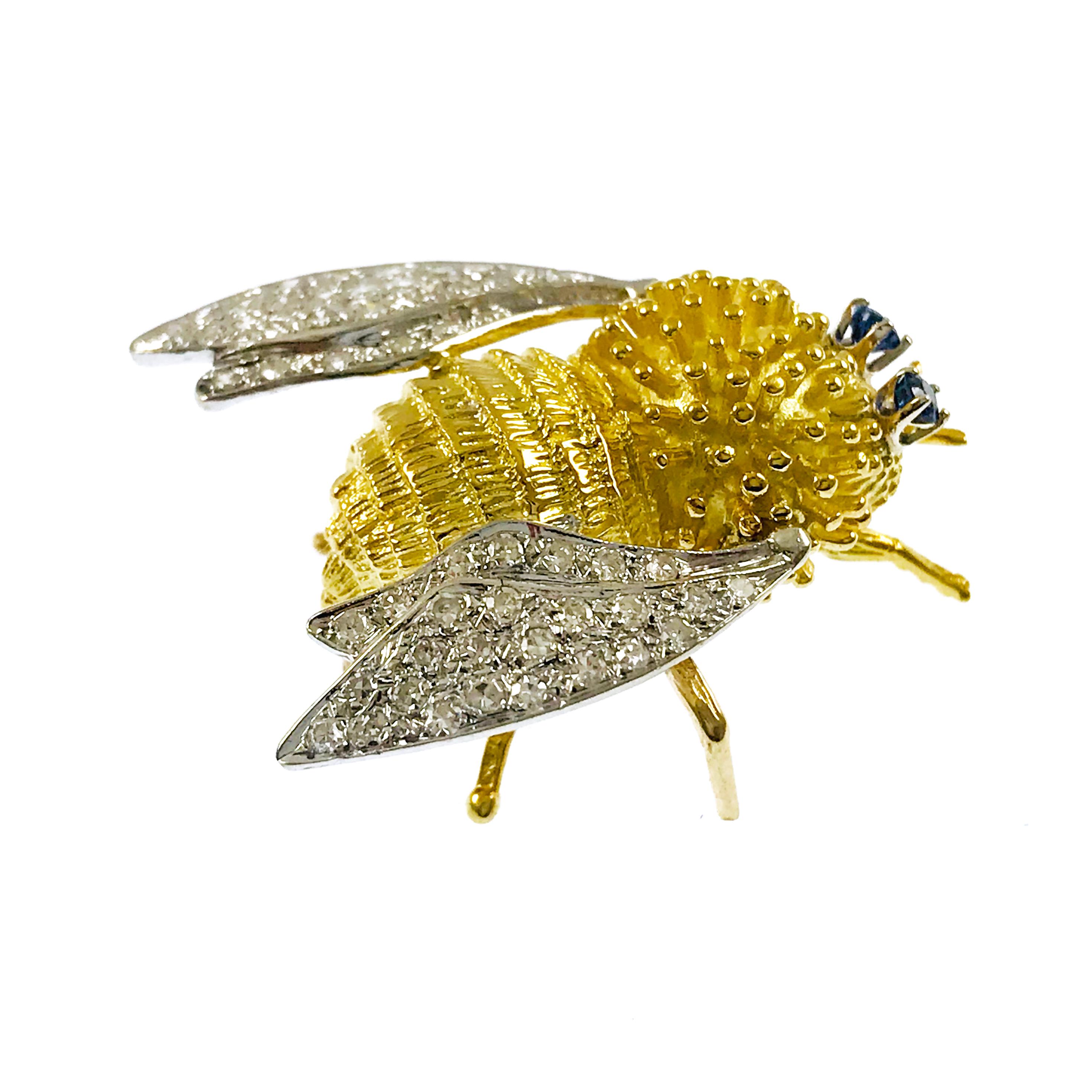 Retro Two-Tone Diamond Sapphire Bee Fly Brooch