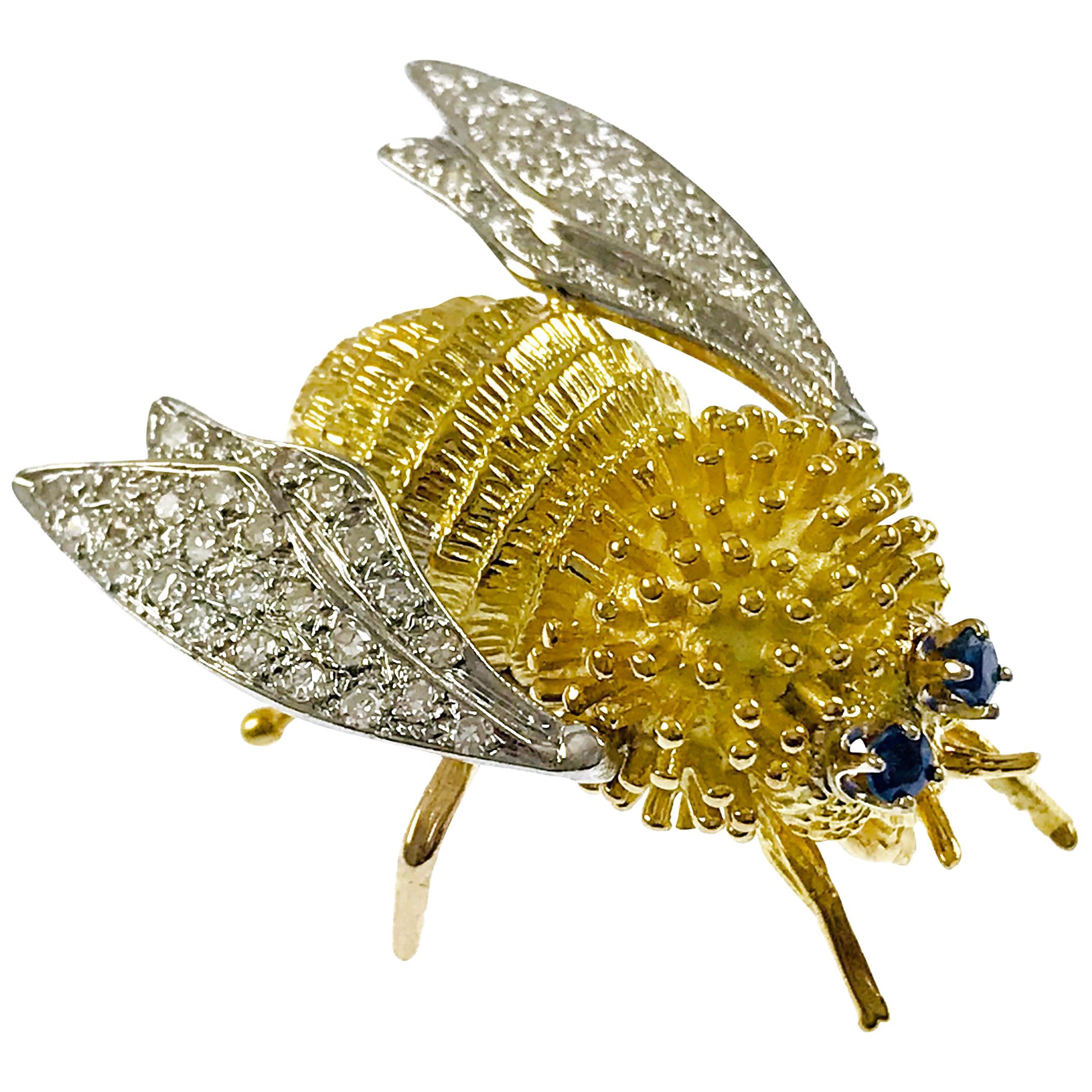Women's or Men's Two-Tone Diamond Sapphire Bee Fly Brooch