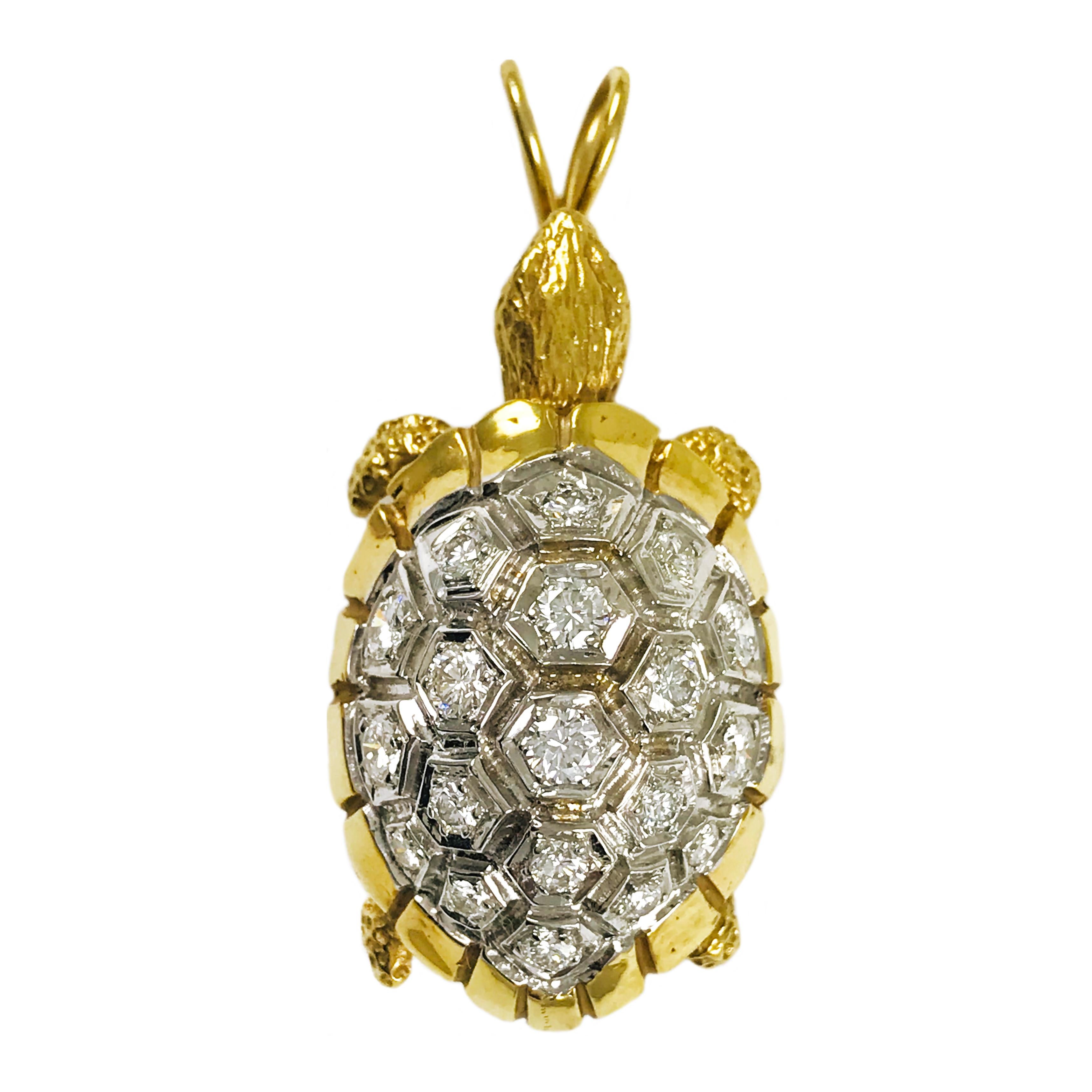 18k Two-Tone White and Yellow Gold Diamond Turtle Pendant/Brooch. Rabbit Bail and brooch closure, missing pin only. Nineteen round diamonds form the shell of the turtle. Diamonds are VS2 (G.I.A.) in clarity and G-H (G.I.A.) in color with a weight of