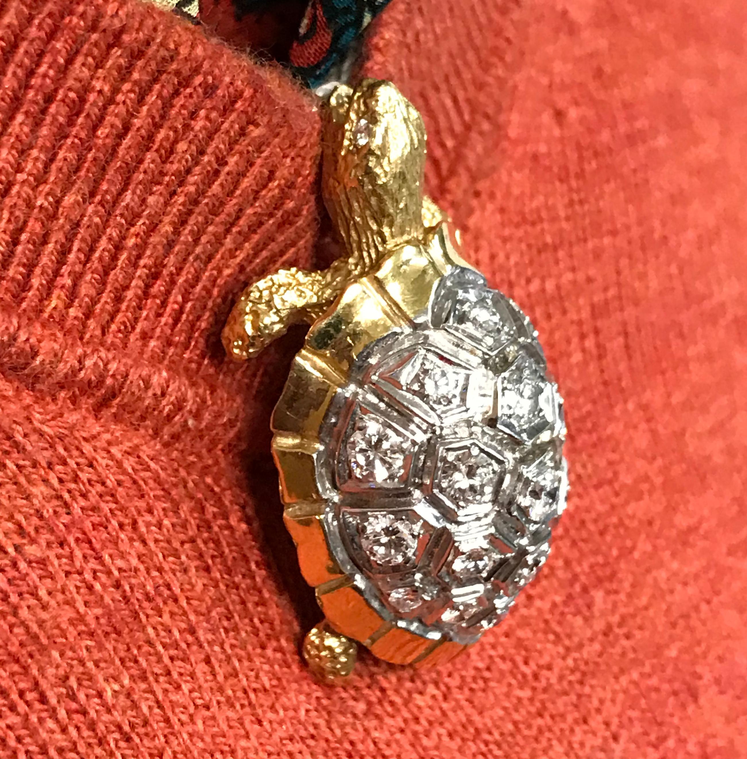 Retro Two-Tone Diamond Turtle Pendant/Brooch