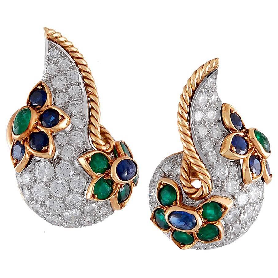 Diamond Sapphire Emerald Paisley Earrings For Sale