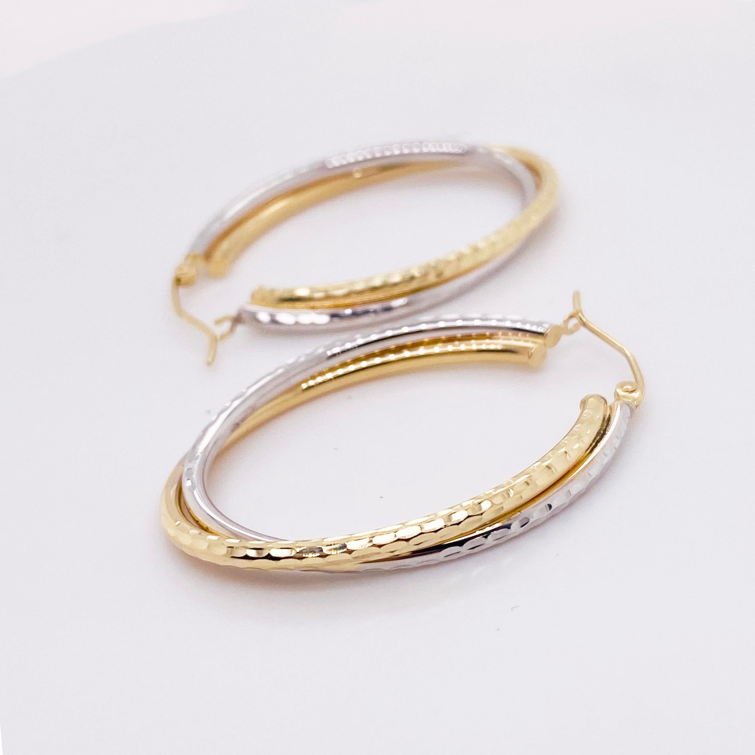 The white gold and yellow gold mixed metal look is gorgeous with the hammered finish. They have an oval shape that looks perfect on anyone’s earlobe. They sparkle from across the room and they are perfect to wear everyday! The details for these