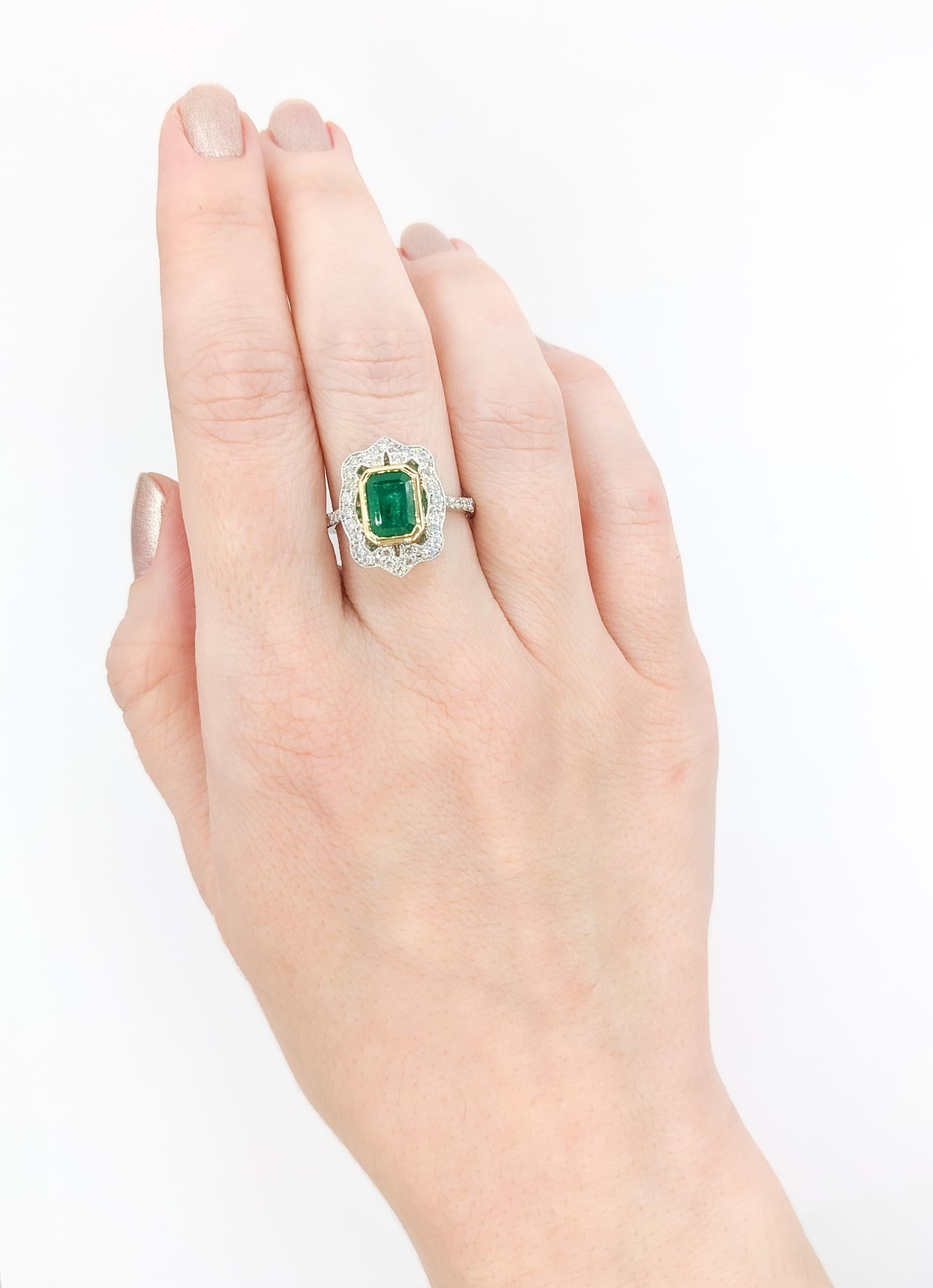 Emerald Cut Two-Tone Emerald & Diamond Cocktail Ring For Sale
