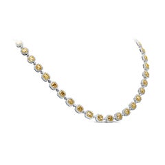 23.33 Carats Total Cushion Cut Yellow Diamond Halo Tennis Necklace in Two-Tone