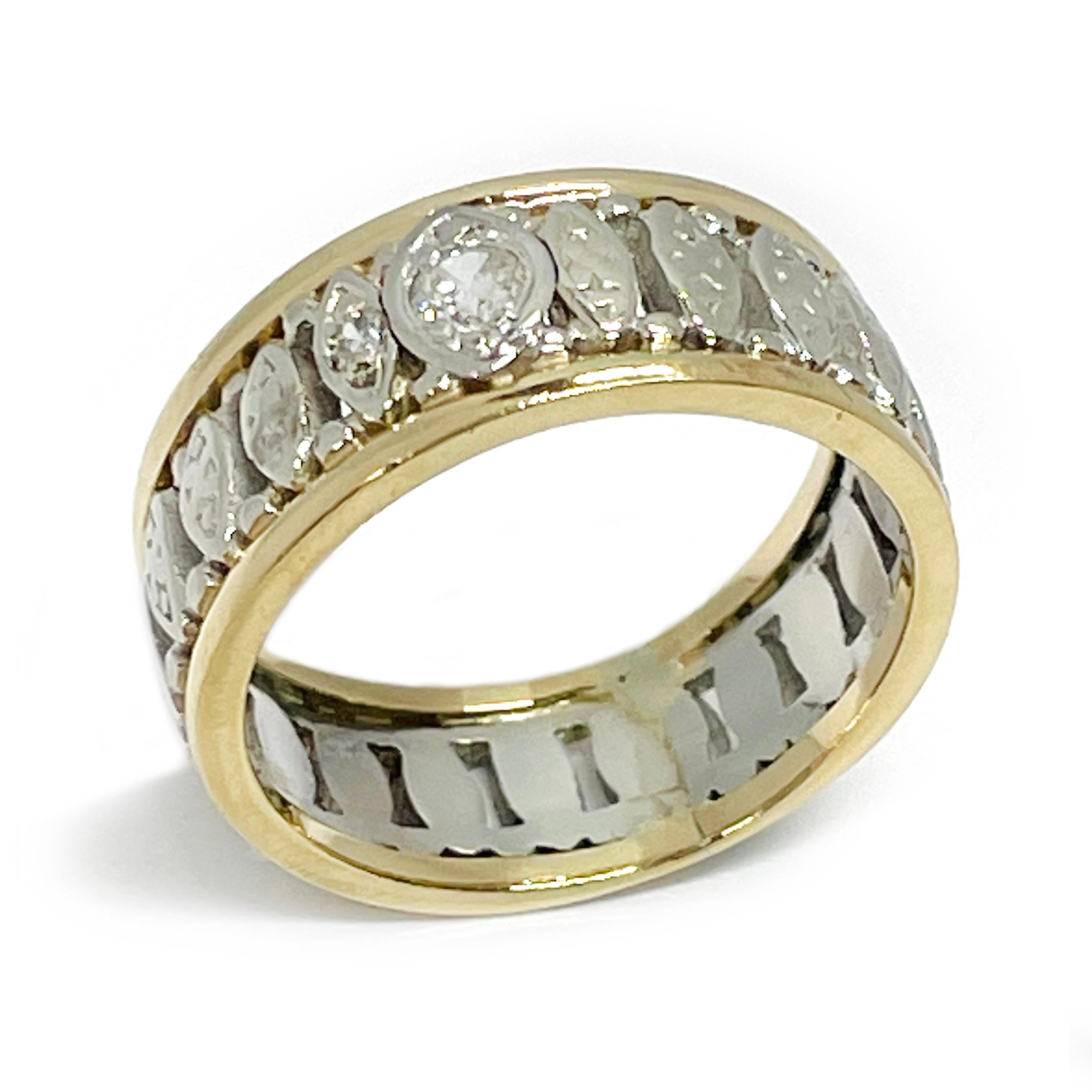 14 Karat Yellow and White Gold Fancy Diamond Wedding Band. The ring features a yellow gold band at the center of the ring with white gold marquise-shaped bars between and white gold beads. Two of the marquise-shapes have a round diamond bead-set on