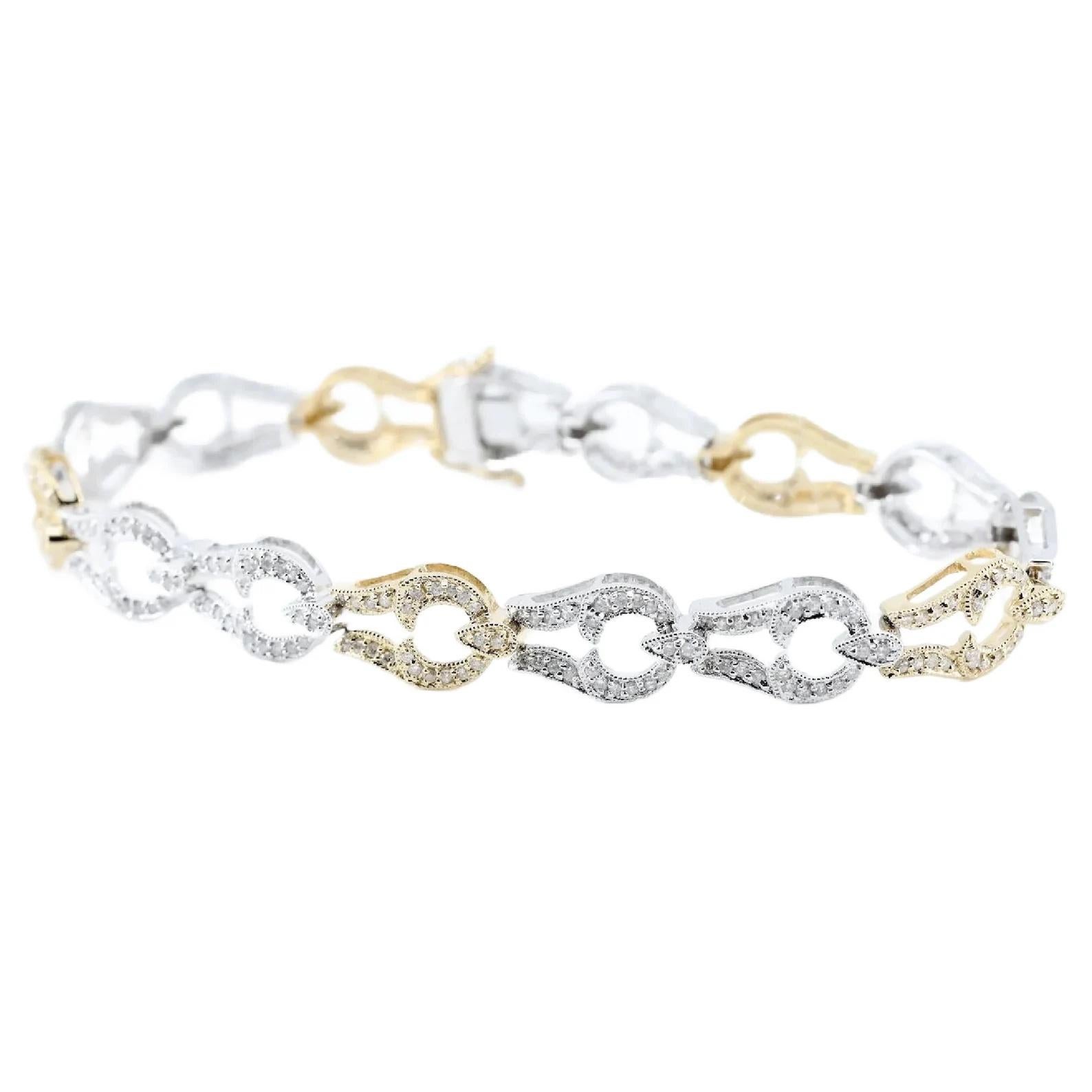 A pave set fancy yellow diamond and white diamond bracelet in two tone 18 karat white, and yellow gold.

Set with 1.50ctw of natural fancy yellow, and natural G/H color diamonds; accented by miligrain detailing throughout.

Tested, and hallmarked as