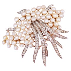Vintage Two Tone Faux Pearl and Crystal Spray Brooch By Crown Trifari, 1950s