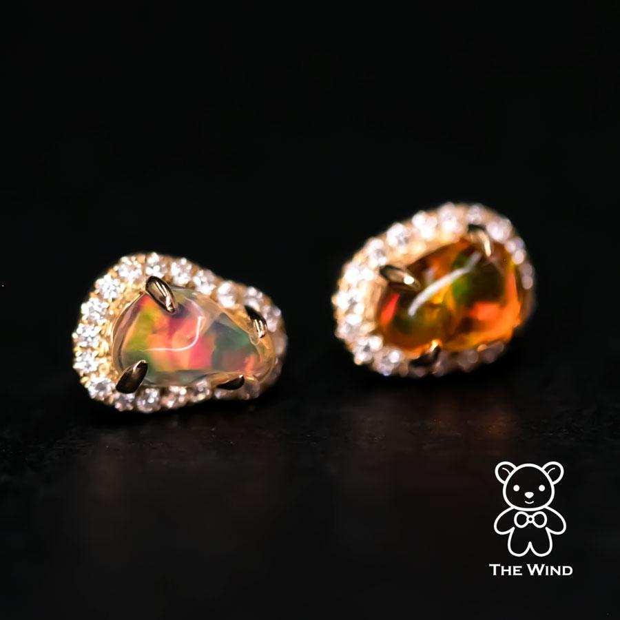 Artist Two Tone Fire Opal Halo Diamond Stud Earrings 18k Yellow Gold For Sale