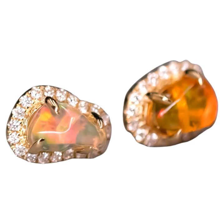 Two Tone Fire Opal Halo Diamond Stud Earrings 18k Yellow Gold For Sale
