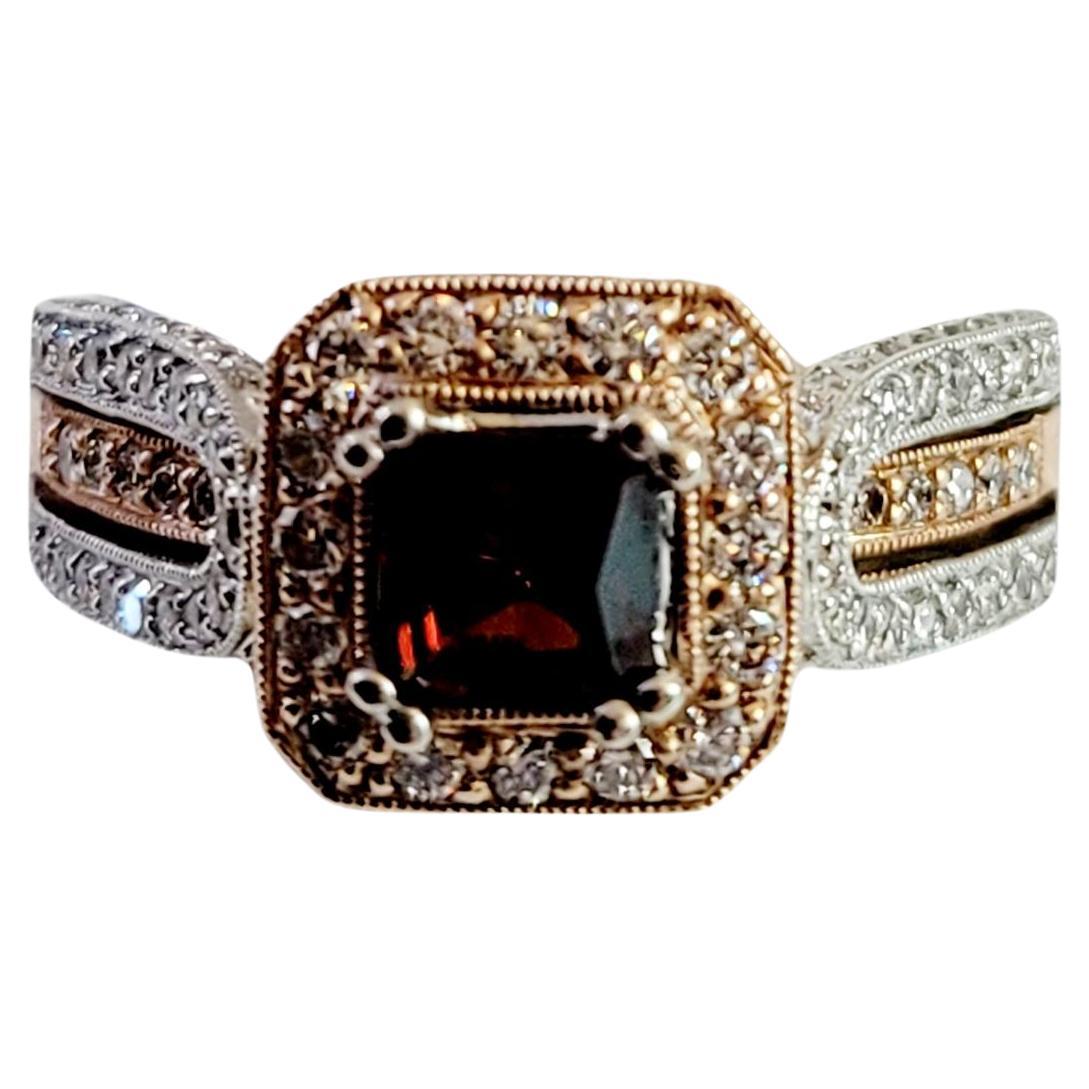 Two Tone Garnet and Diamond Ring set in 14K White and Rose Gold For Sale
