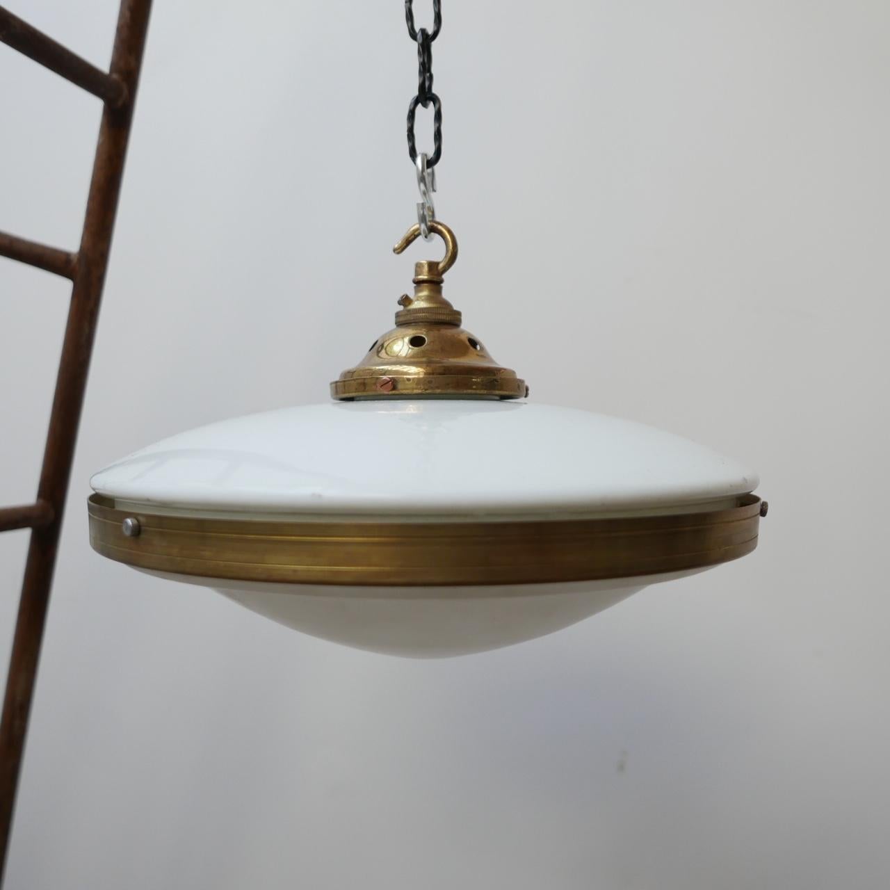 Brass Two Tone German Opaline and Etched Glass Pendant Light