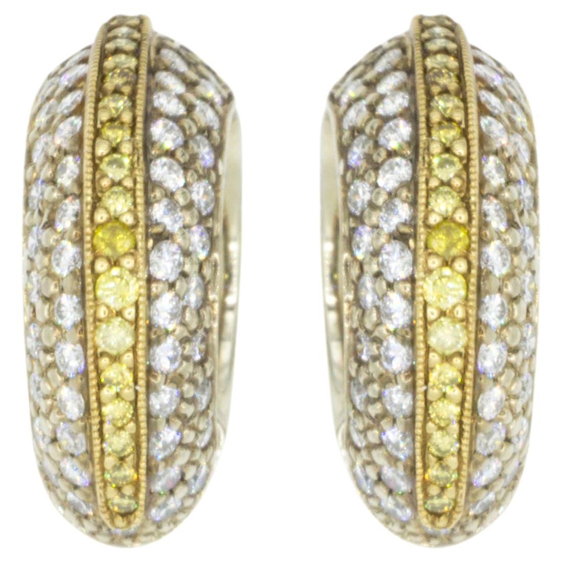 Two-Tone Gold 1.08 Carat Yellow and White Diamond Hoop Earrings by Rock N Gold