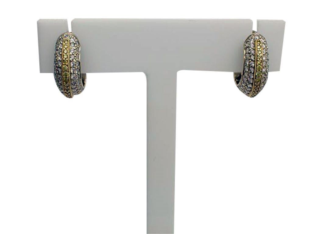 Round Cut Two-Tone Gold 1.08 Carat Yellow and White Diamond Hoop Earrings by Rock N Gold