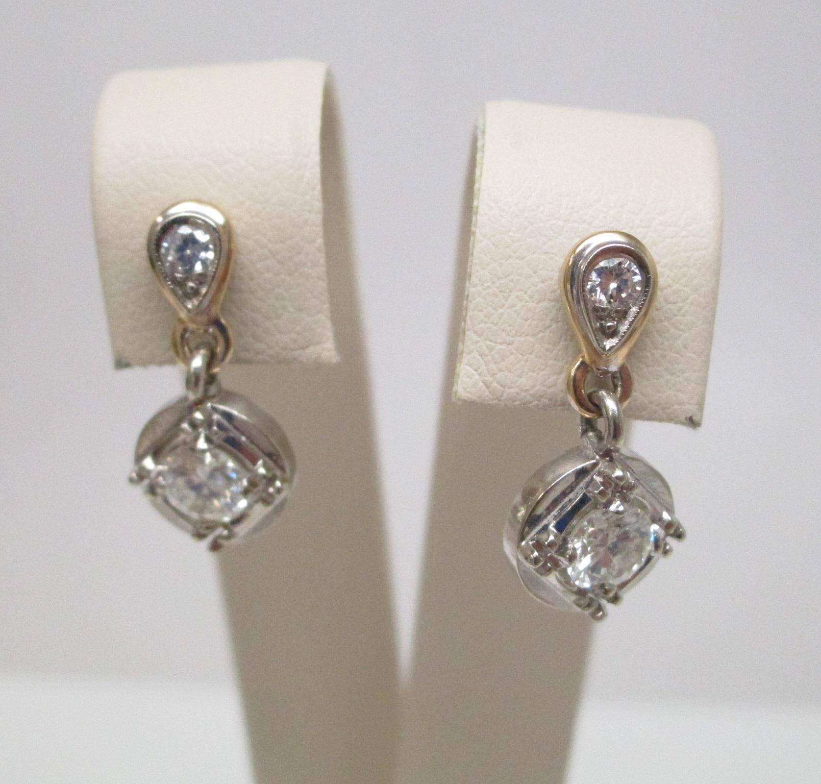 Round Cut Two-Tone Gold 1950s Retro Diamond Dangle Earrings For Sale