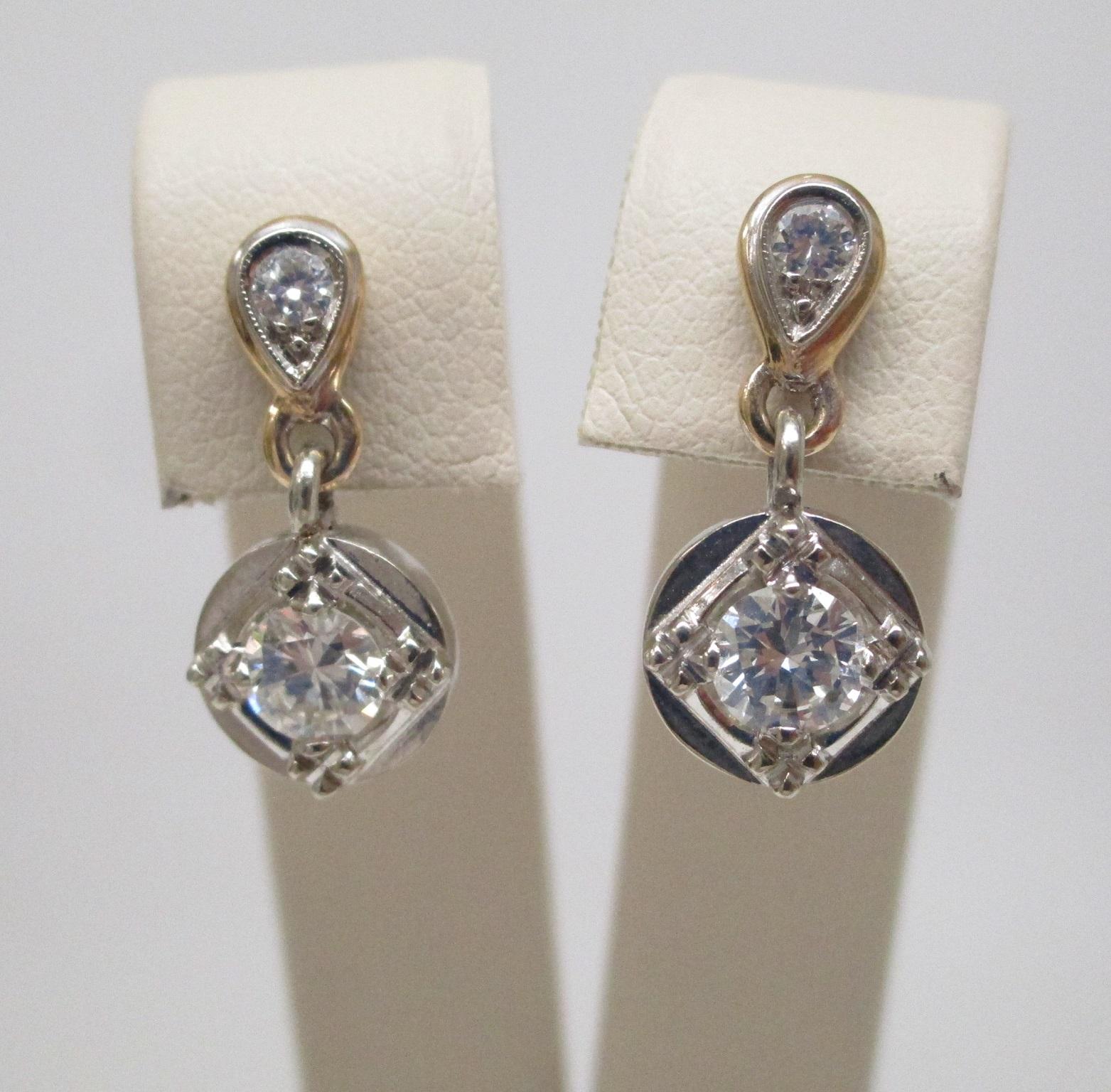 Women's Two-Tone Gold 1950s Retro Diamond Dangle Earrings For Sale