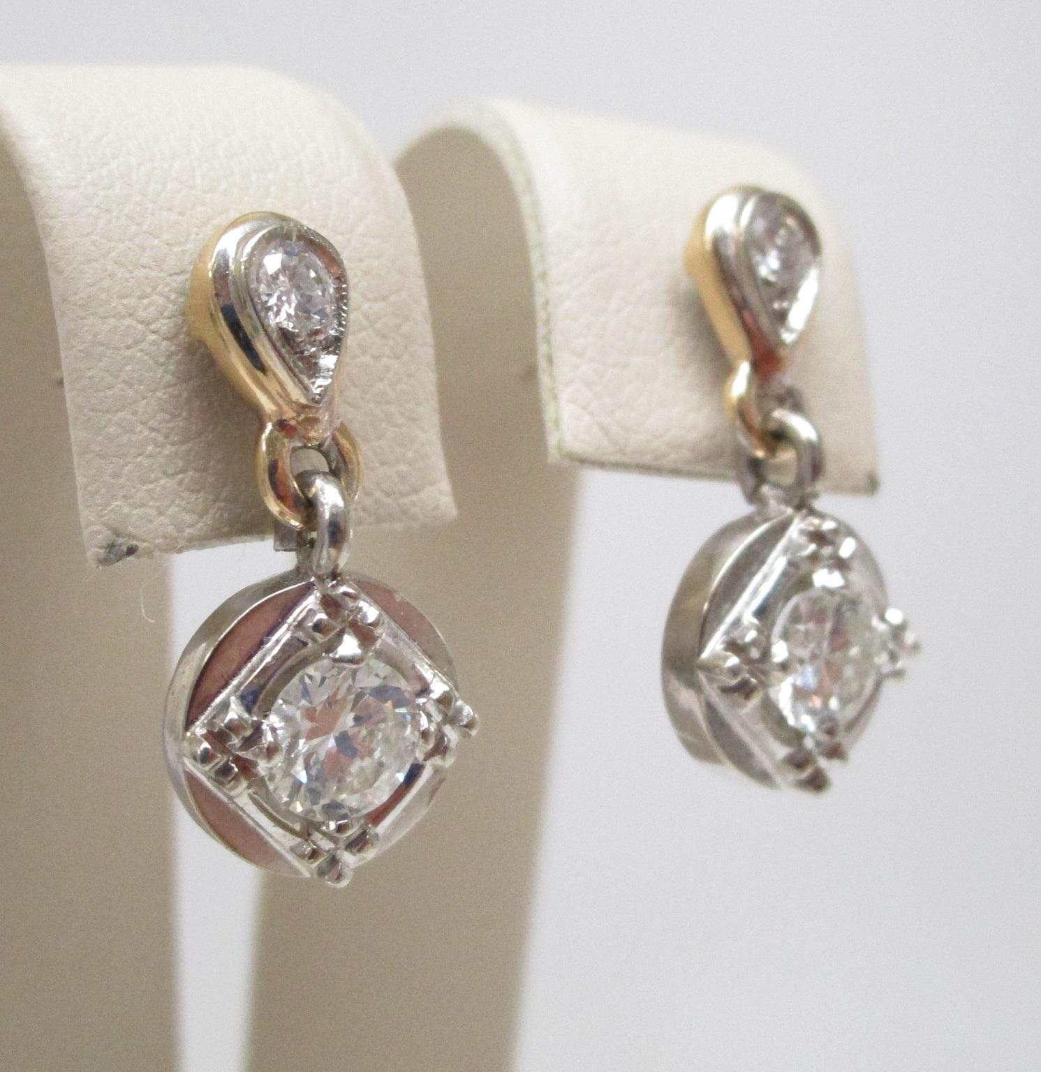 Two-Tone Gold 1950s Retro Diamond Dangle Earrings For Sale 1