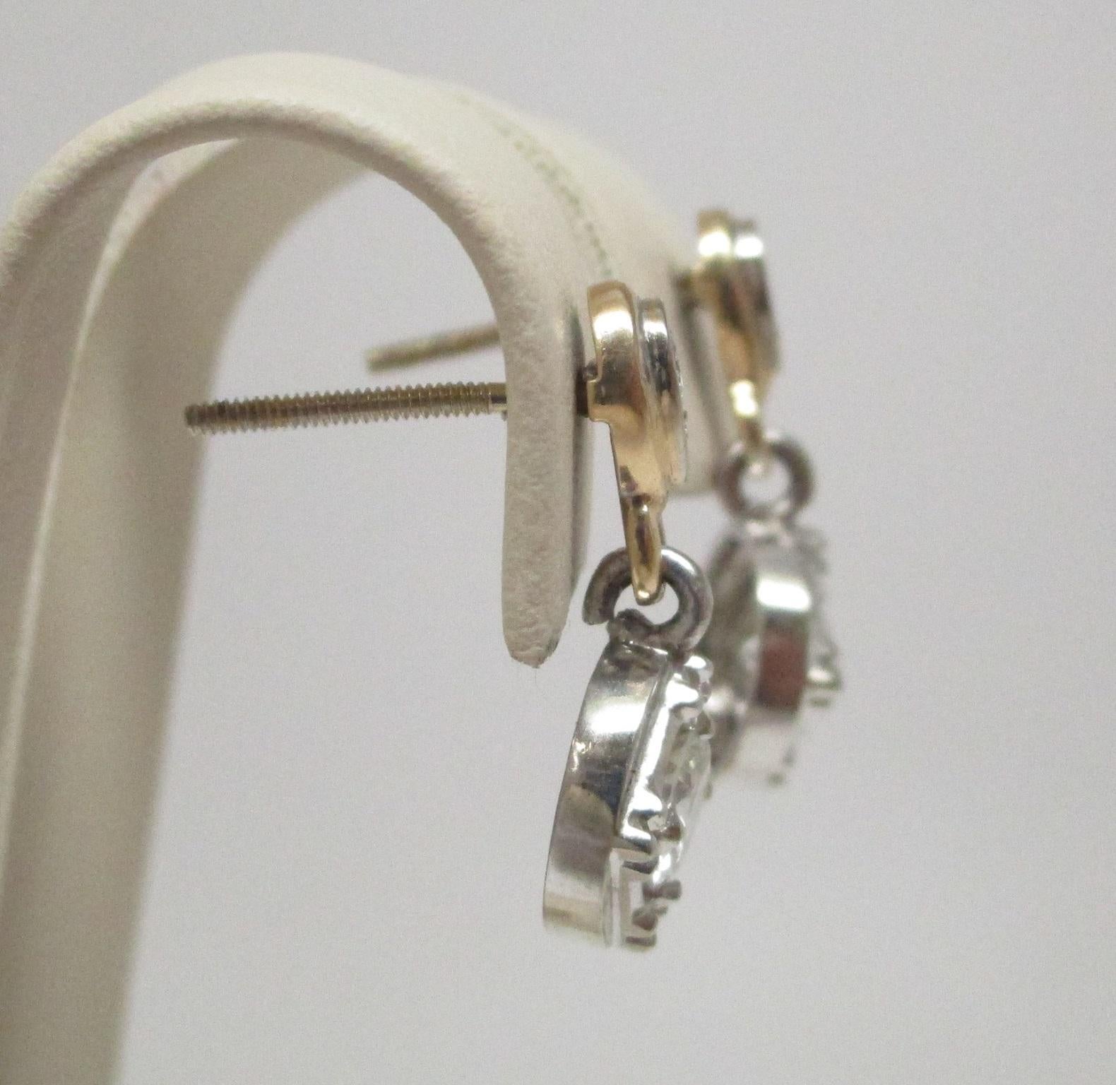 Two-Tone Gold 1950s Retro Diamond Dangle Earrings For Sale 2