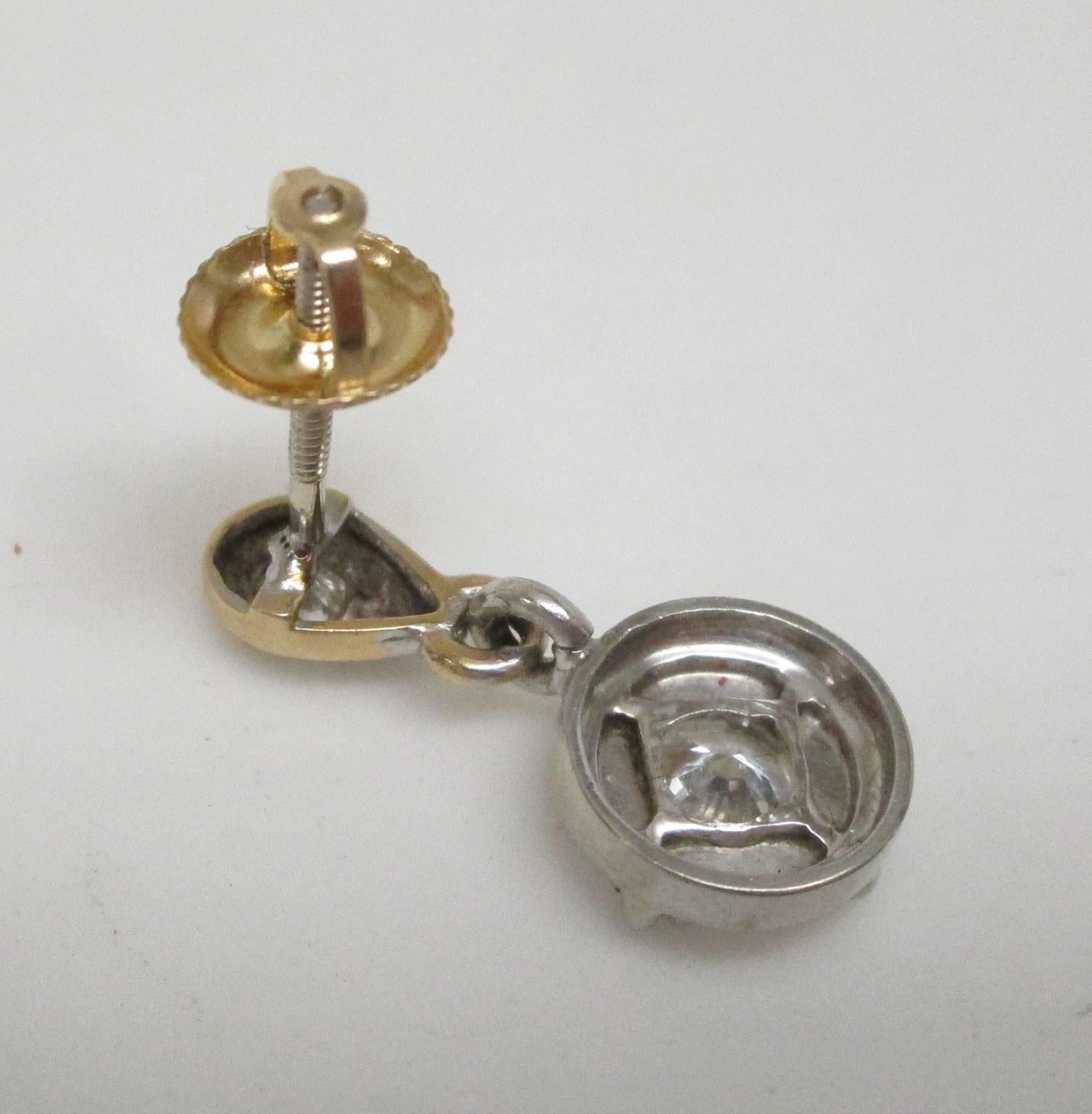 Two-Tone Gold 1950s Retro Diamond Dangle Earrings For Sale 3