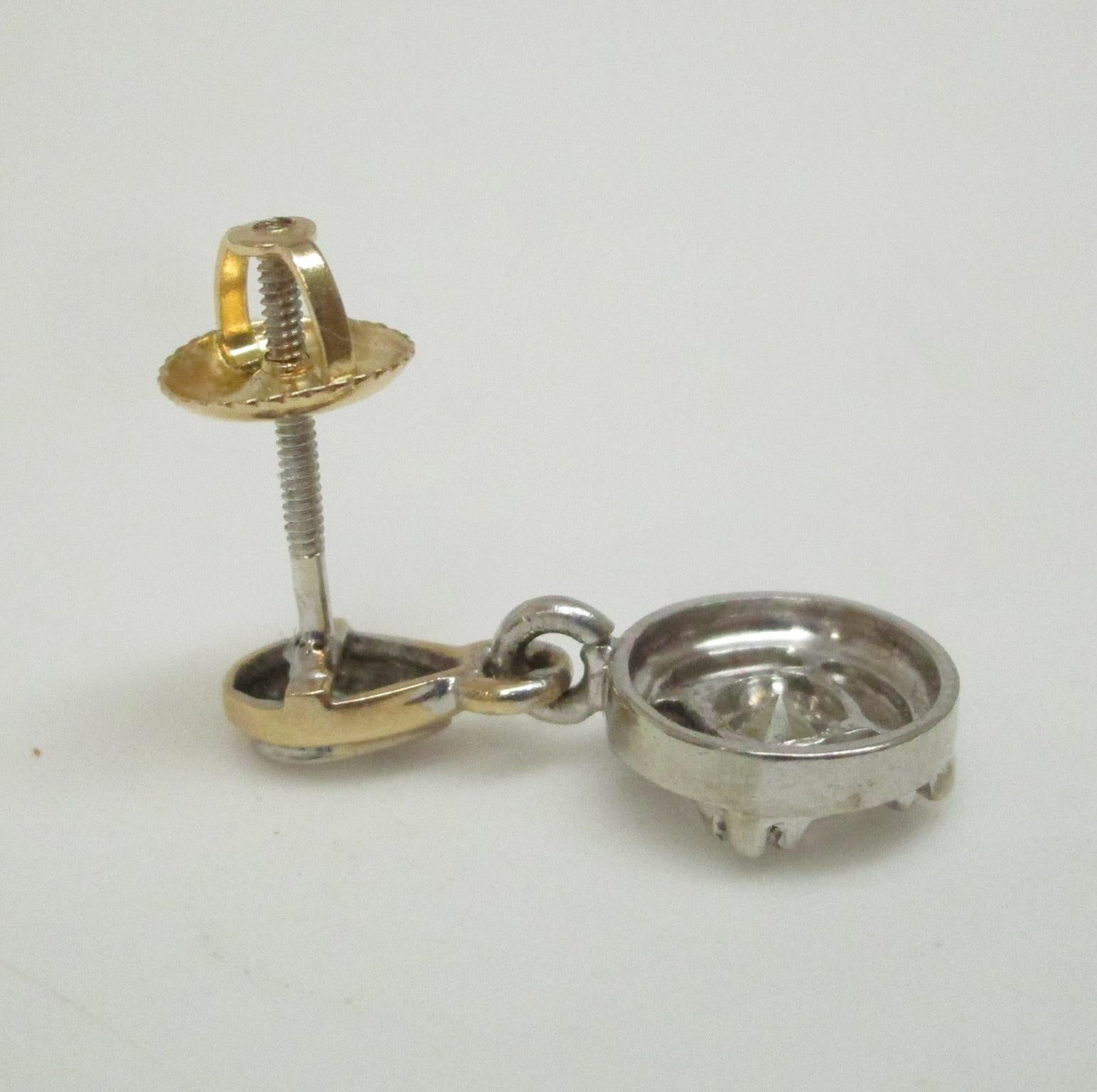 Two-Tone Gold 1950s Retro Diamond Dangle Earrings For Sale 4